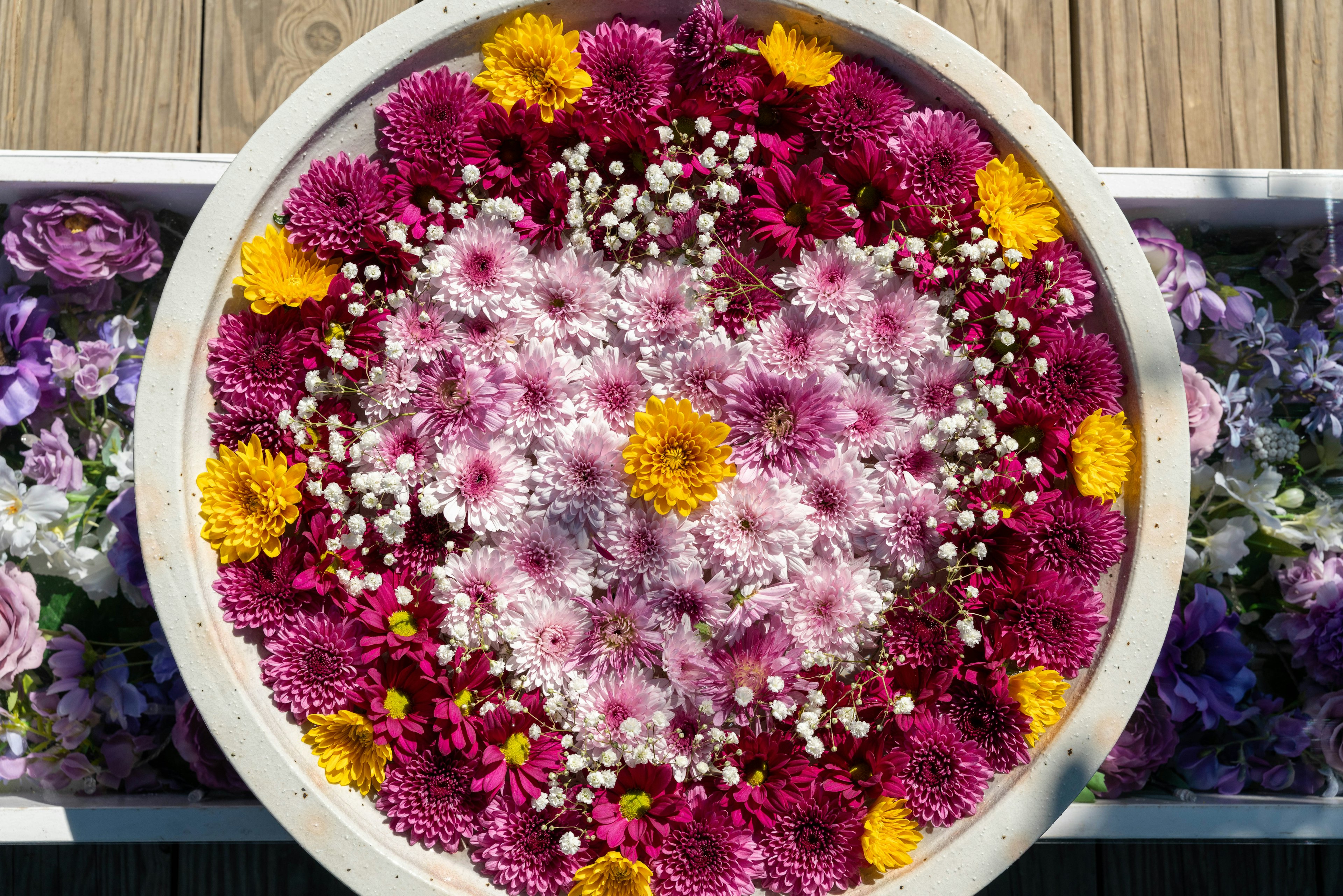 Bunte Blumen schön in einem runden Topf angeordnet