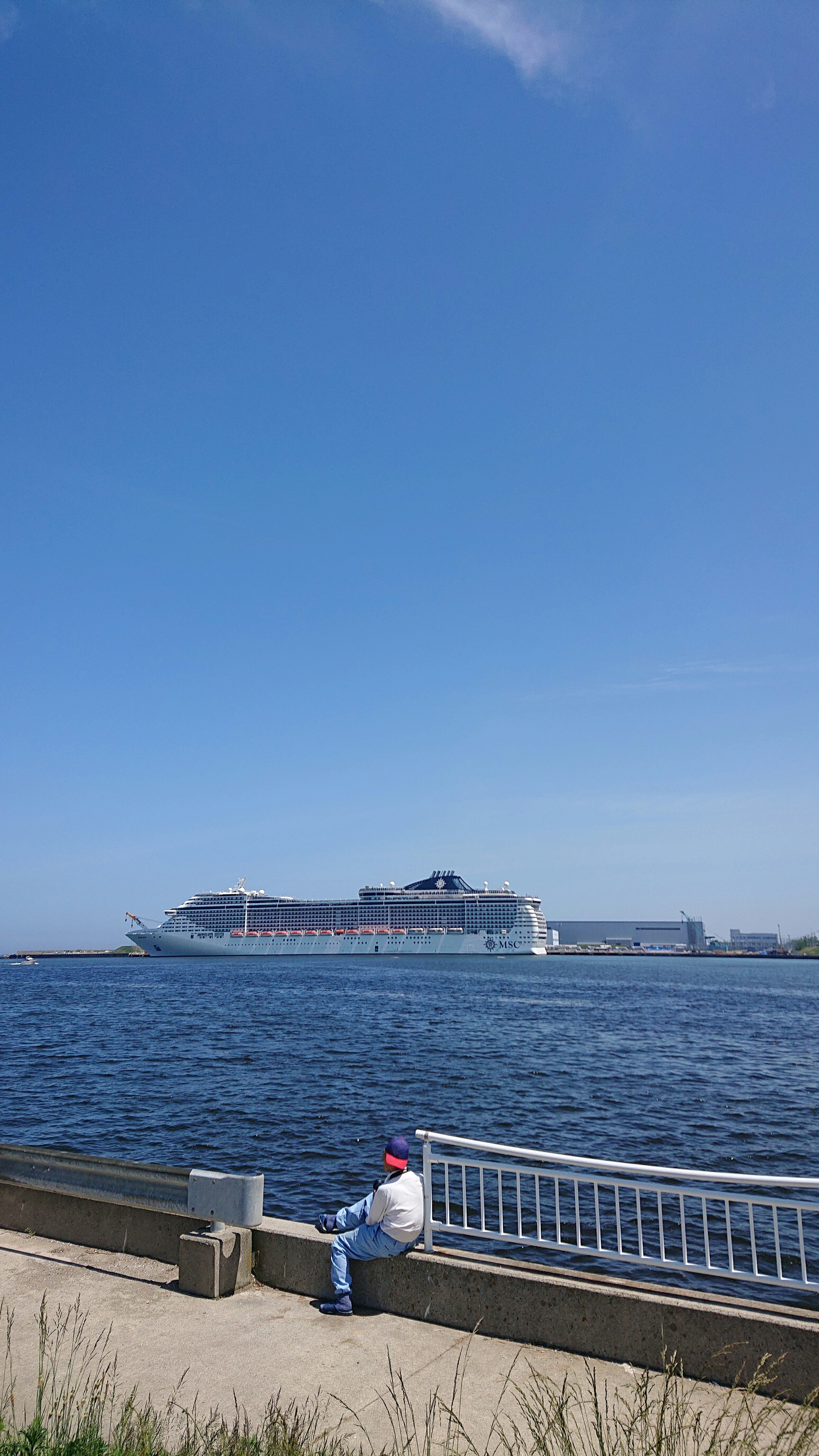 Una persona seduta sul lungomare che osserva una grande nave da crociera sotto un cielo azzurro