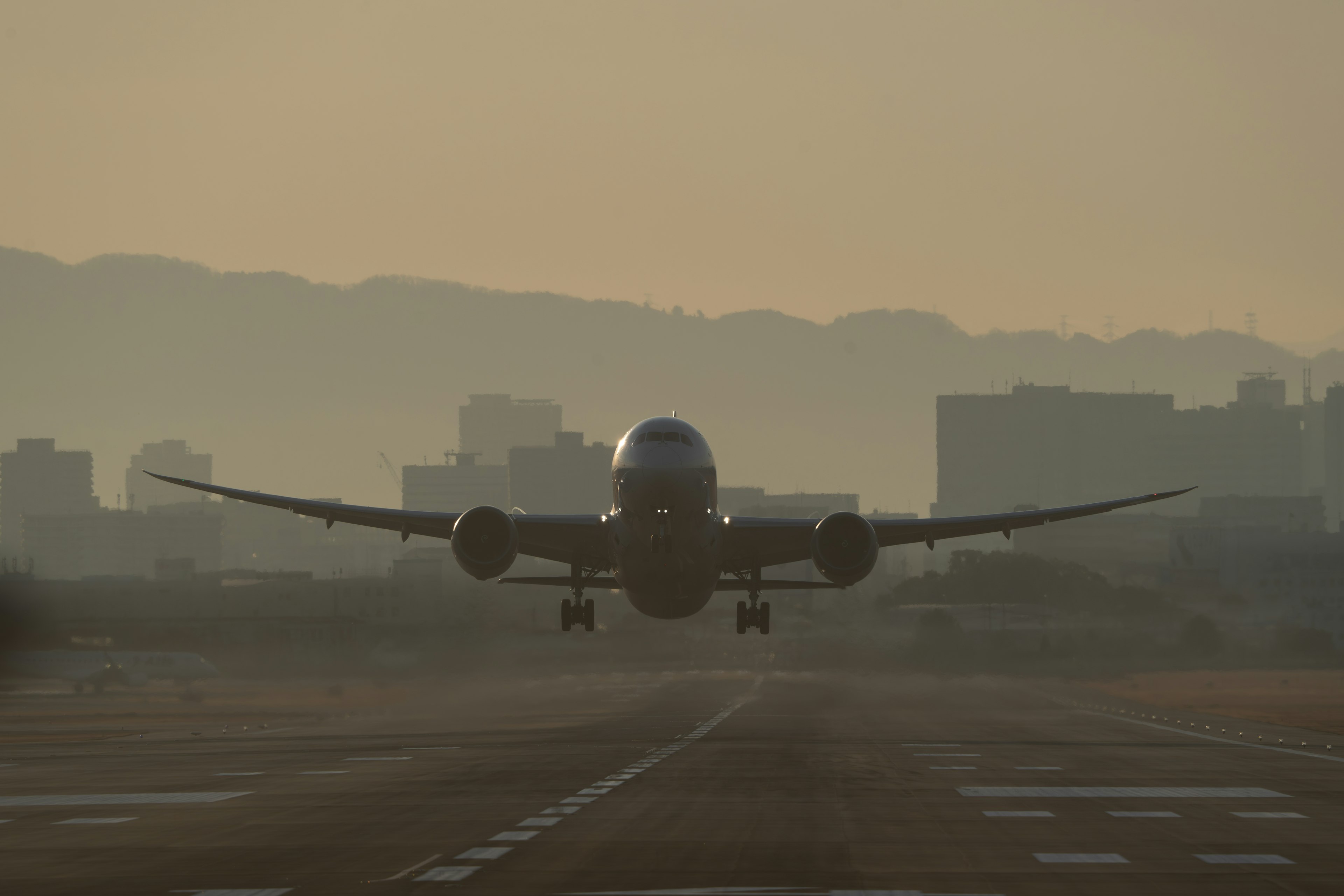 Silhouette eines Flugzeugs, das bei Dämmerung auf einem Flughafen landet