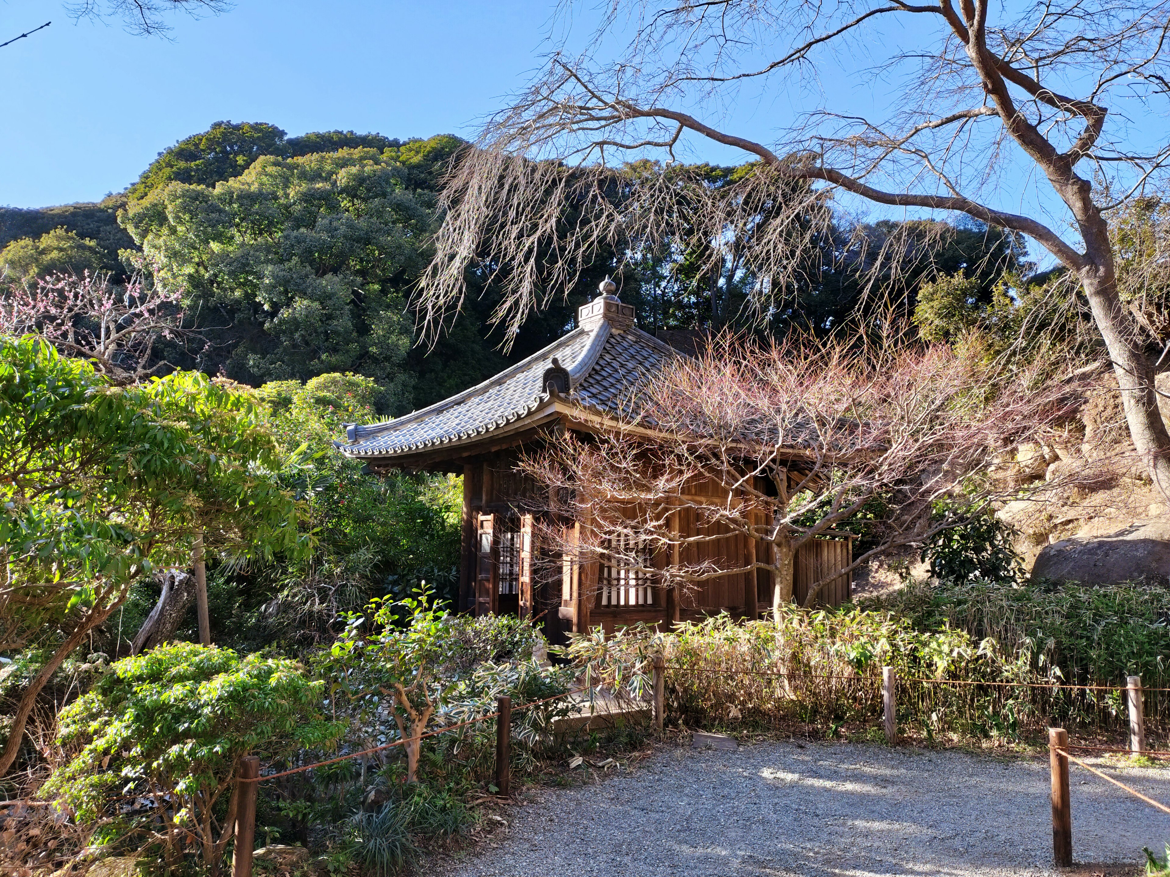 Traditionelles japanisches Haus umgeben von einem schönen Garten und Bäumen