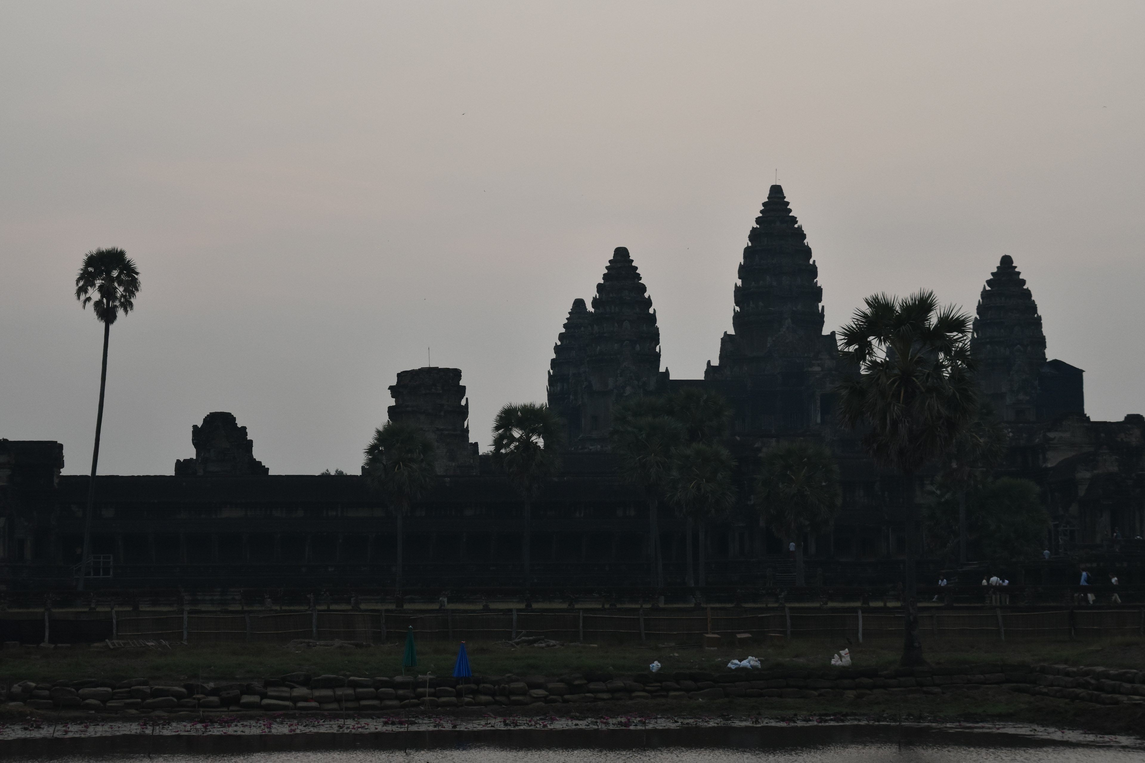 Silhouette of Angkor Wat at dusk with surrounding palm trees