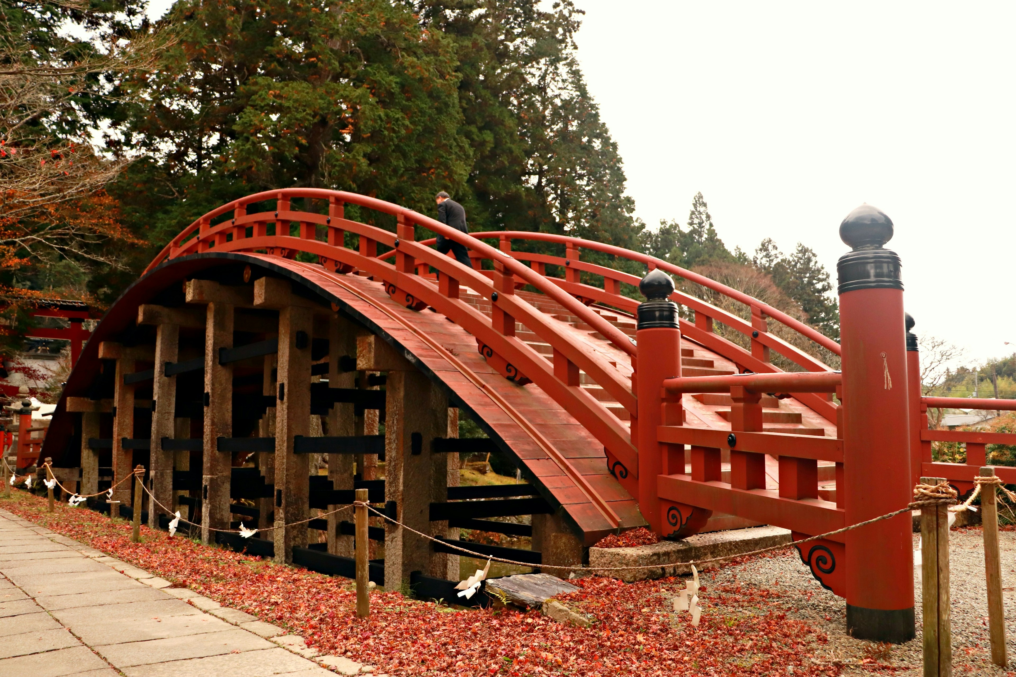 Red arched bridge surrounded by natural scenery