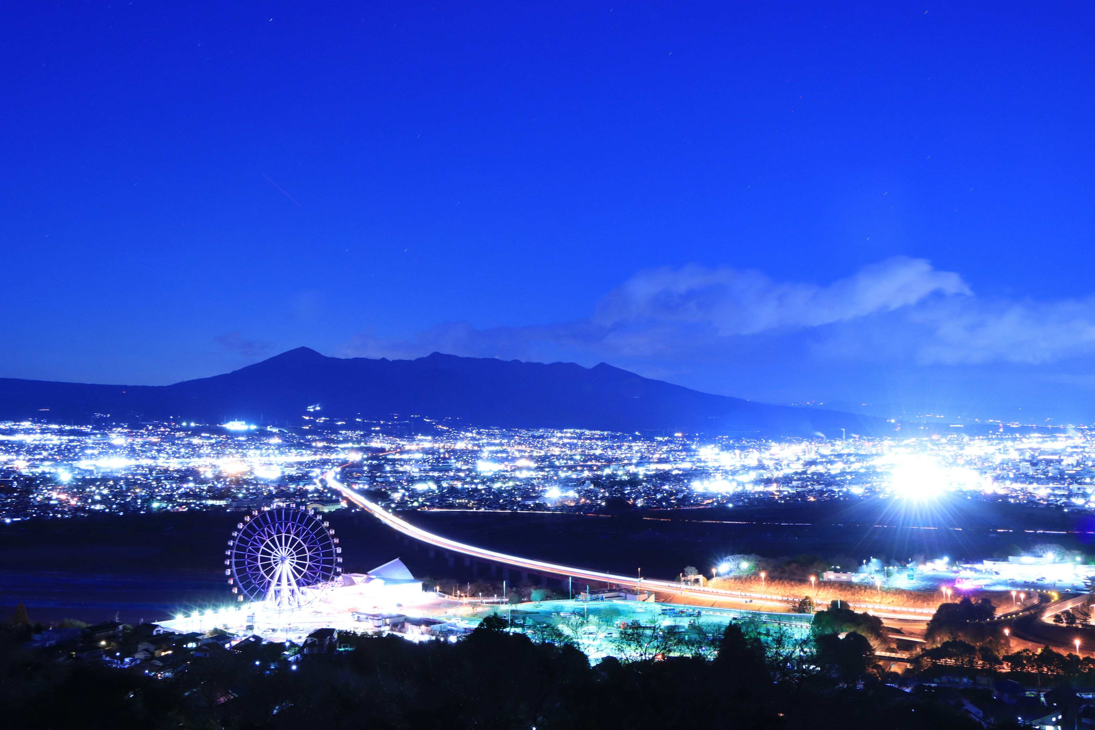 Bella vista notturna della ruota panoramica e delle luci della città