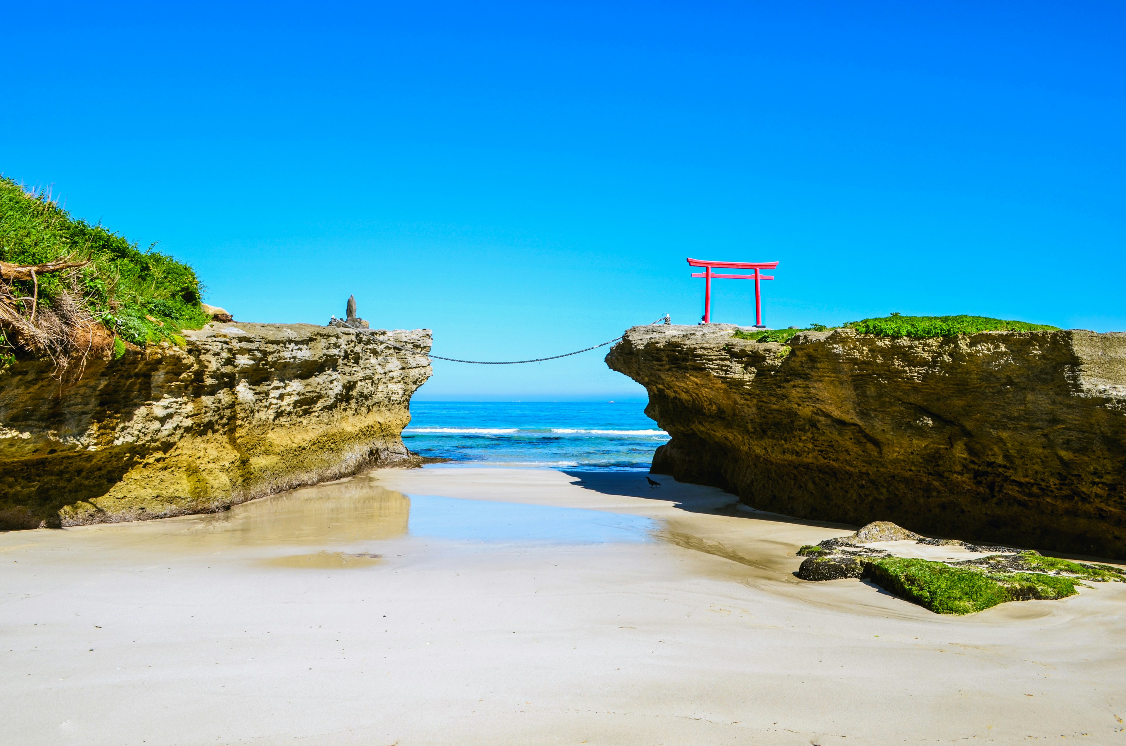 蓝天衬托下的岩石海滩和红色鸟居的风景