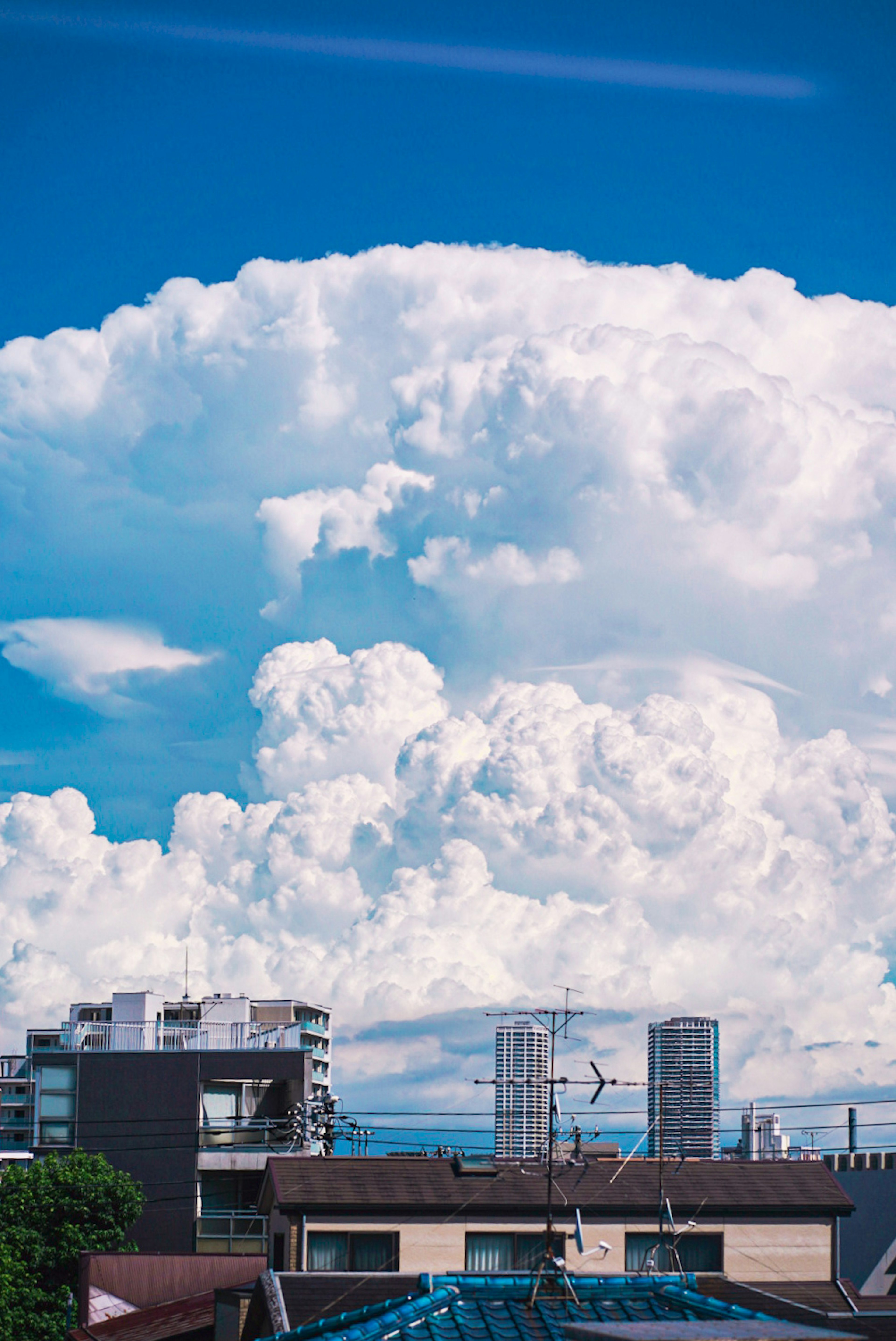 Nuages cumulus blancs moelleux contre un ciel bleu vif avec des bâtiments urbains