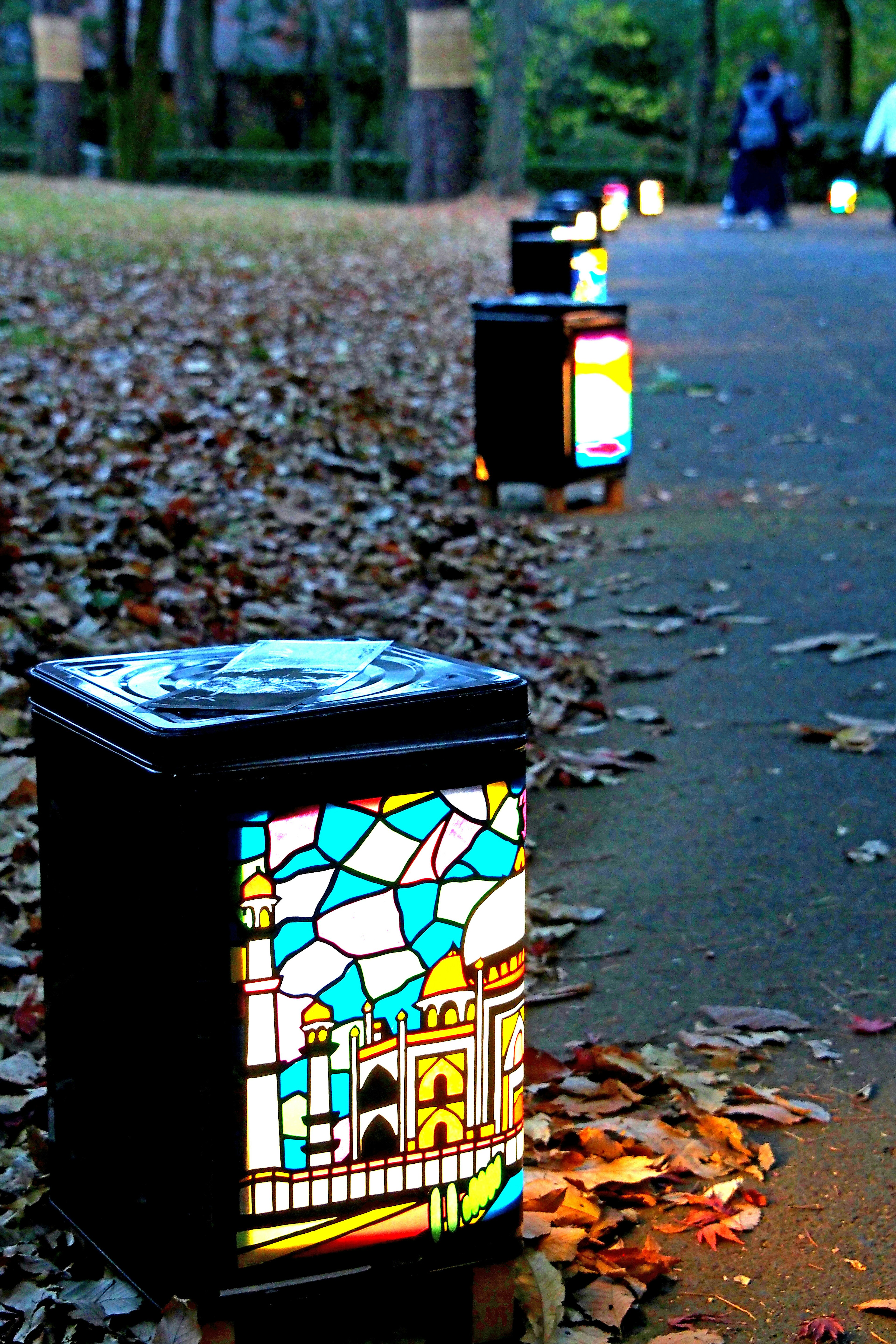 Faroles coloridos alineados en un sendero del parque con hojas esparcidas