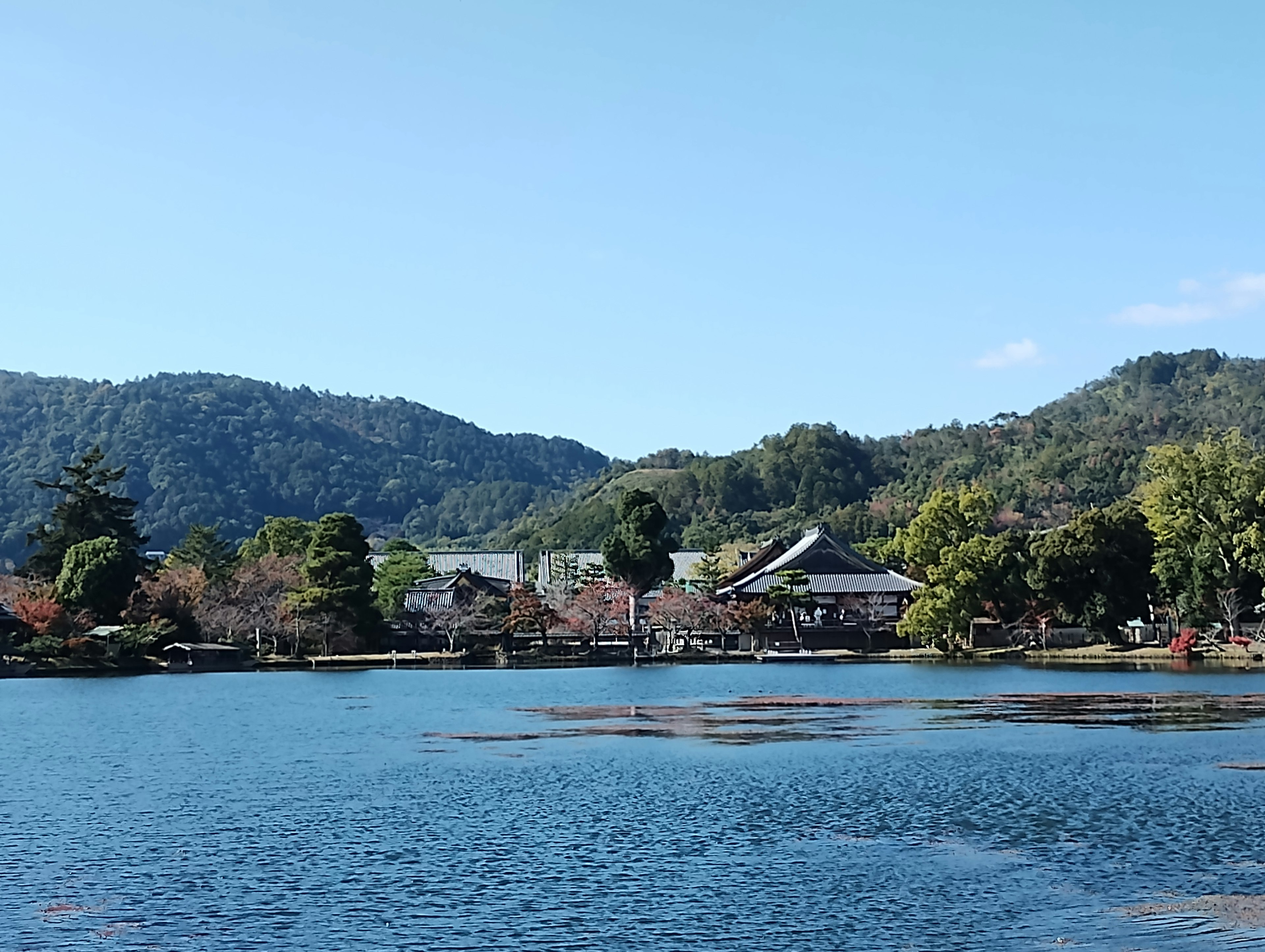 宁静湖泊的美景，背景是山脉