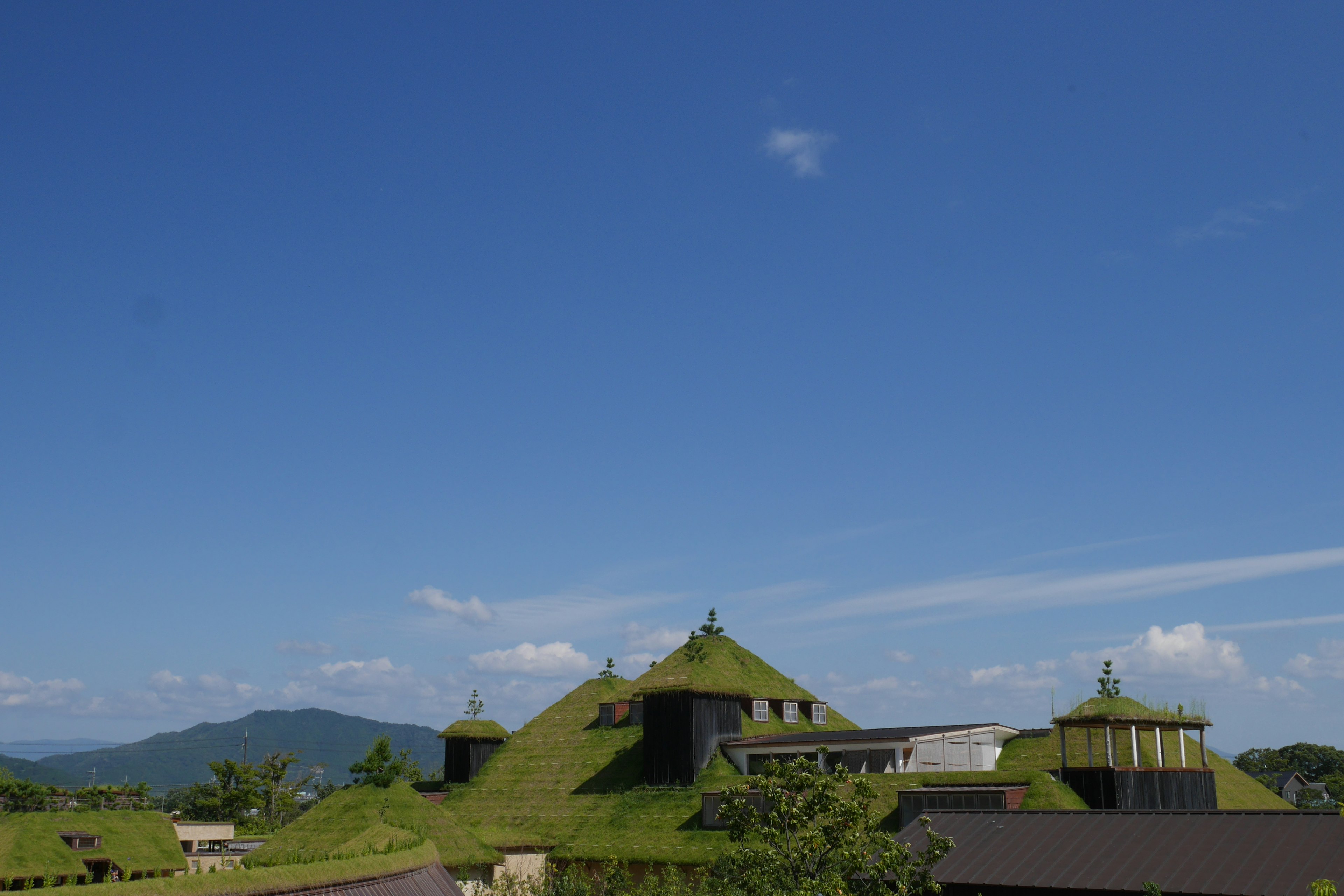 Paysage avec des bâtiments à toits verts sous un ciel bleu