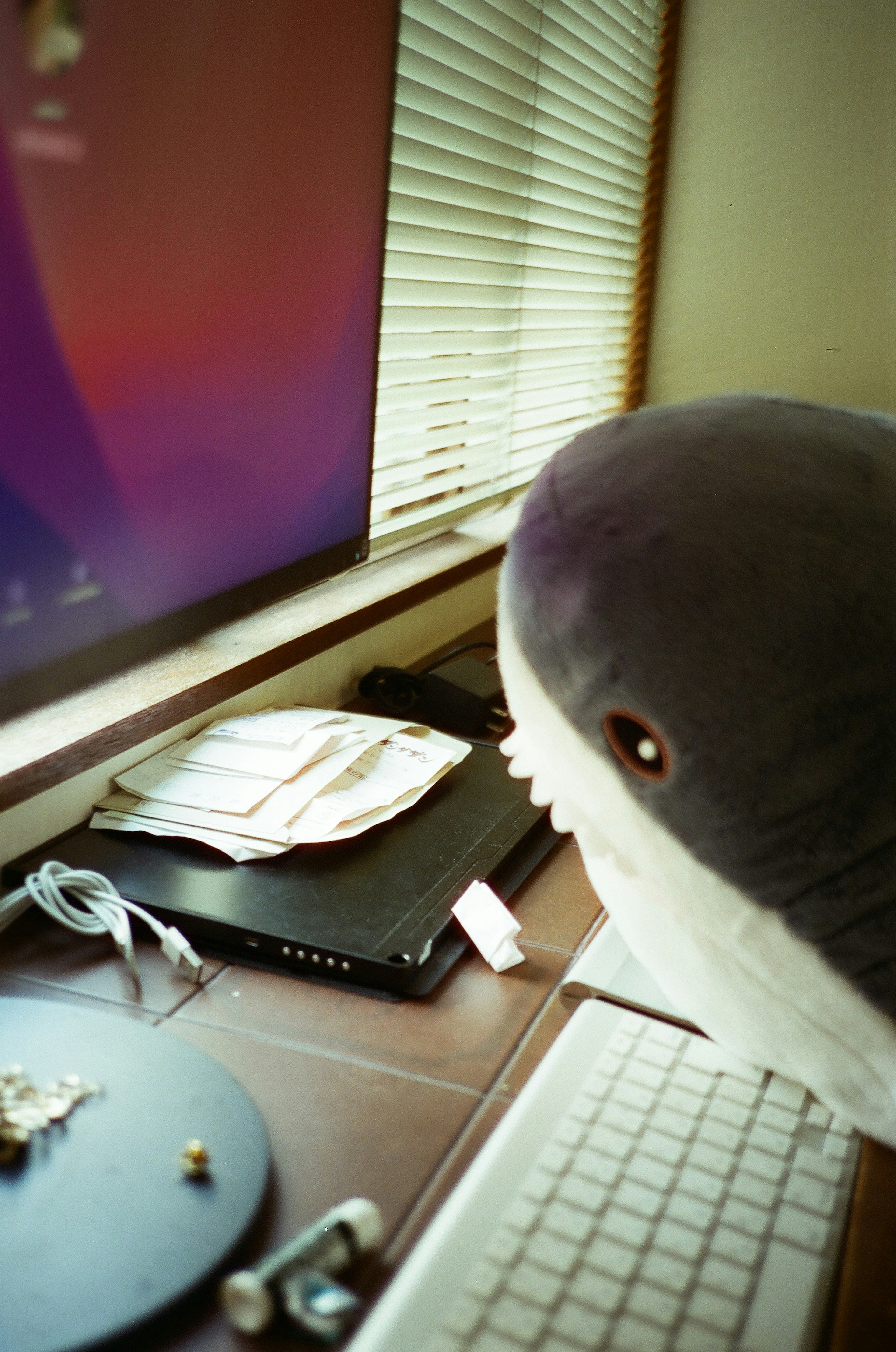 Un juguete de peluche en forma de ballena sentado frente a un monitor de computadora con varios objetos en el escritorio