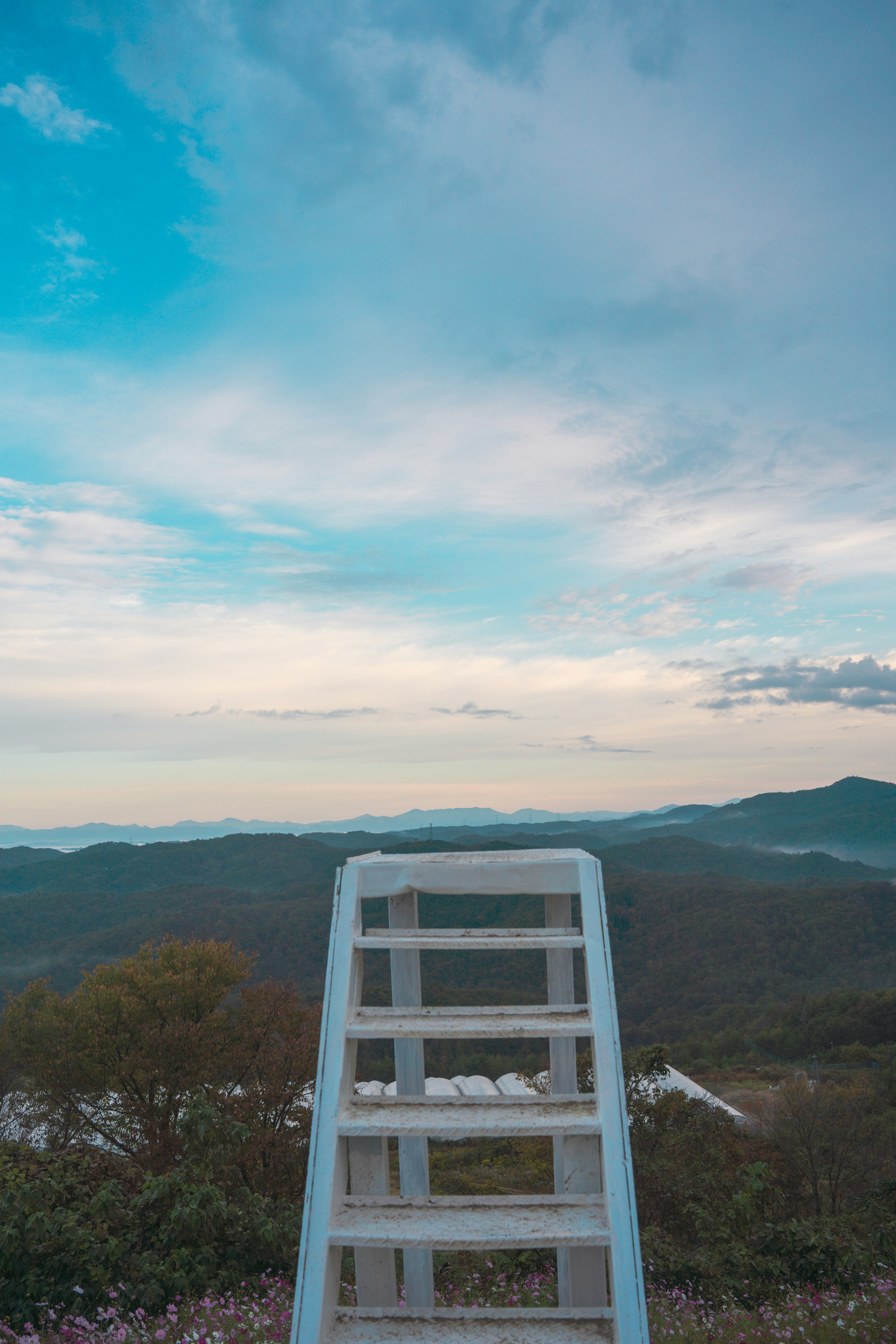 Una escalera blanca que se encuentra frente a un paisaje montañoso