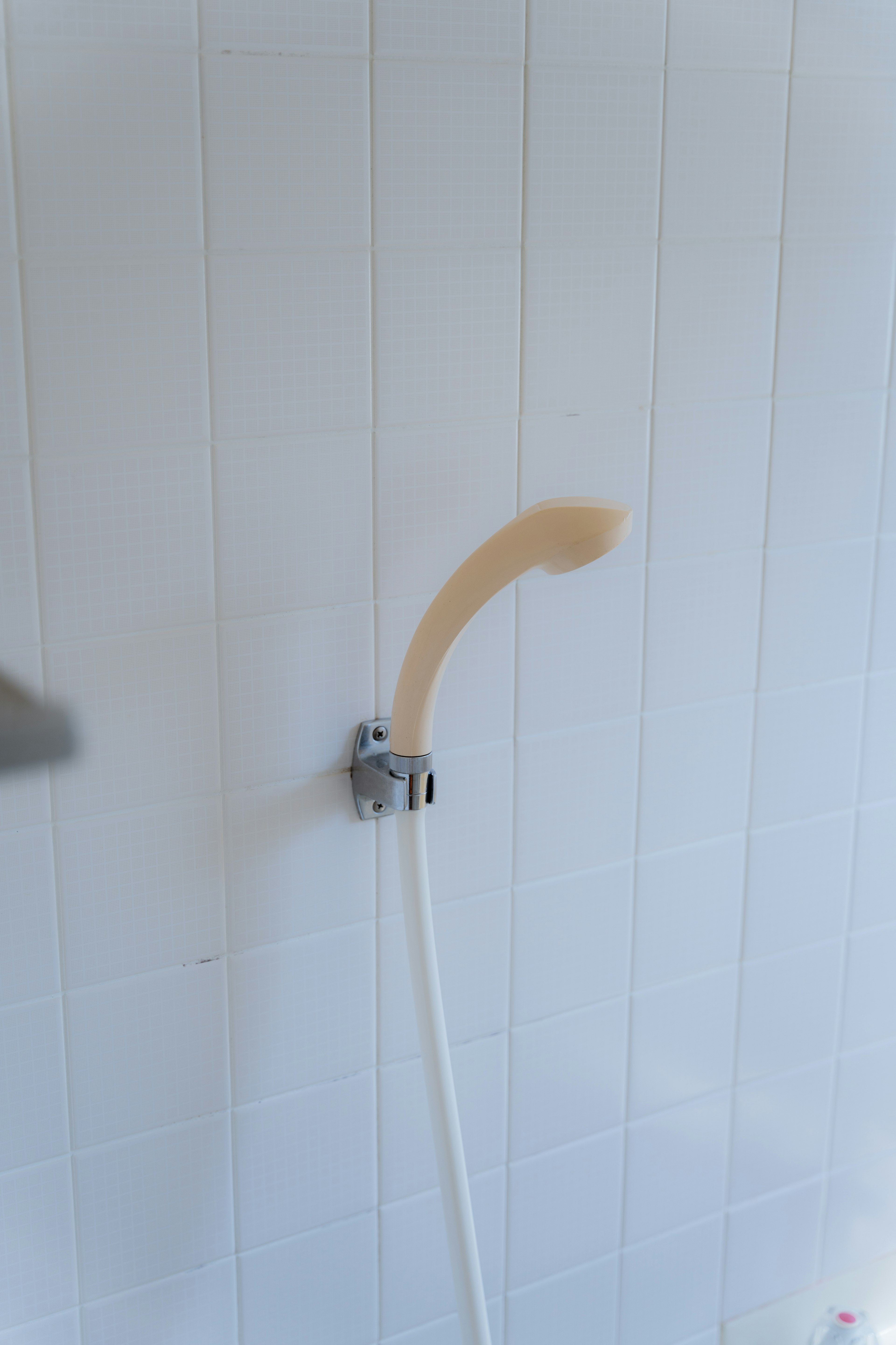 Shower head and hose attached to a white wall