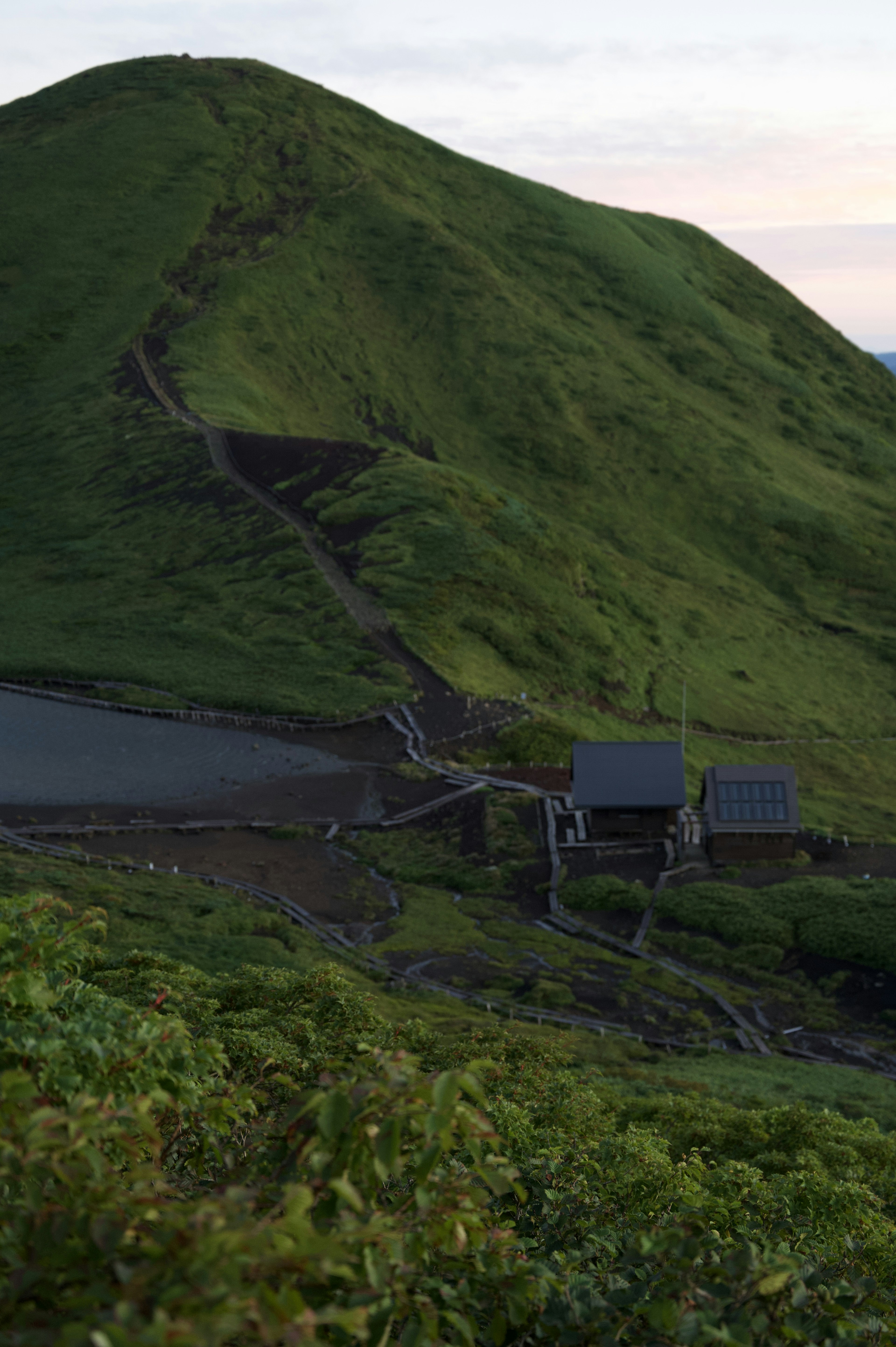 緑豊かな丘と小屋の風景