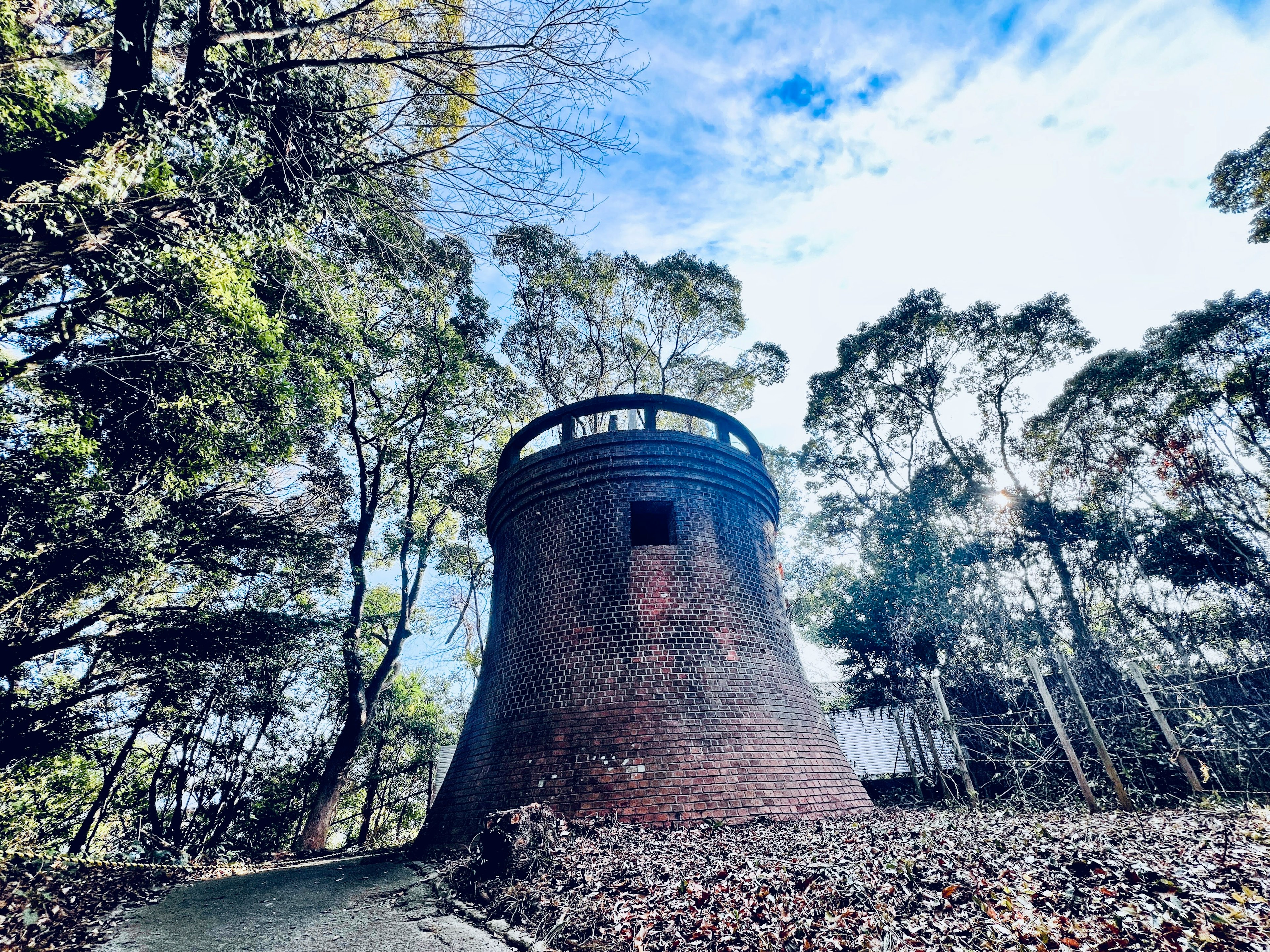 Red brick tower standing in a forest