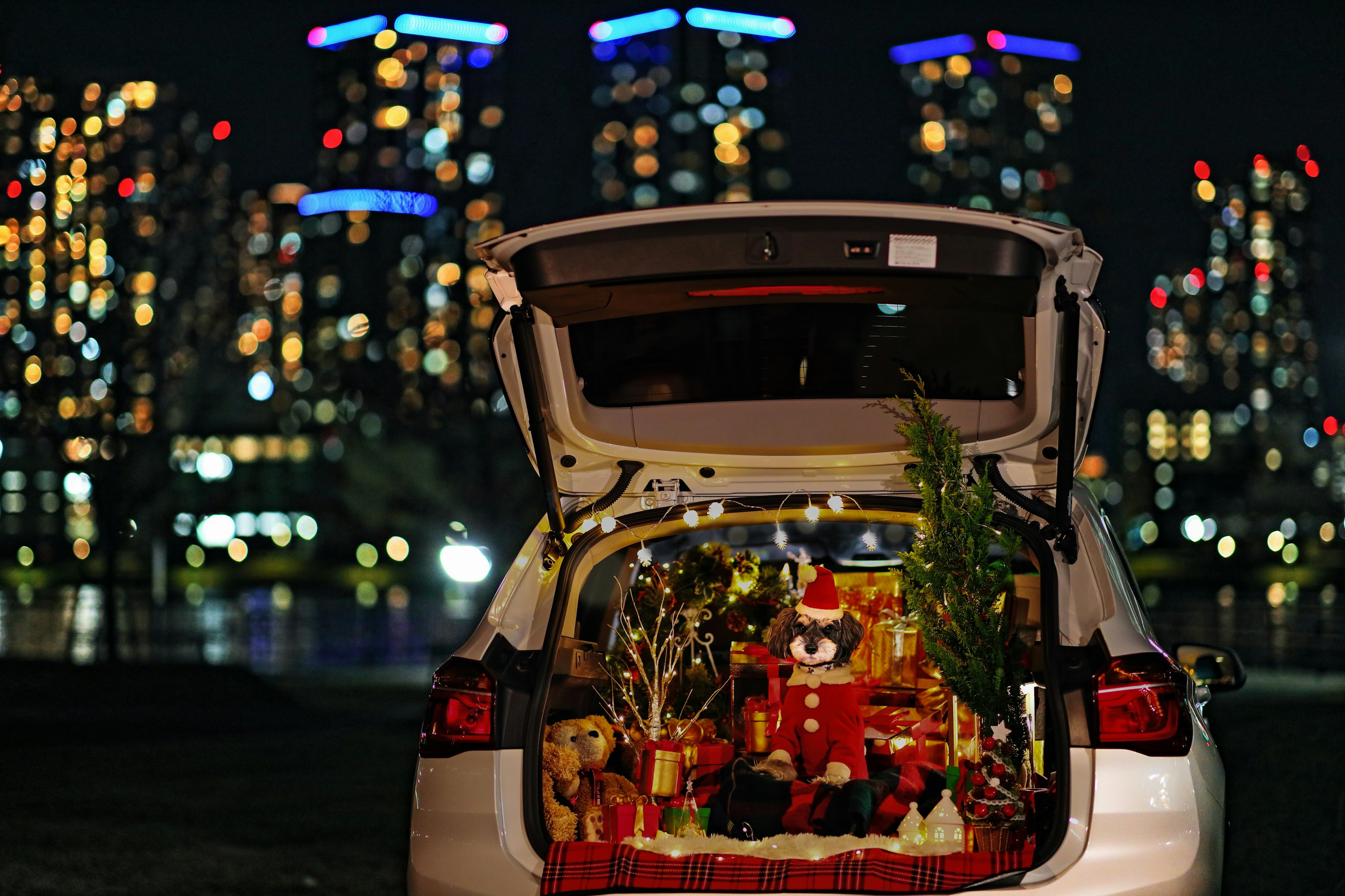 Weihnachtsdekoration im Kofferraum eines Autos mit nächtlicher Stadtsilhouette