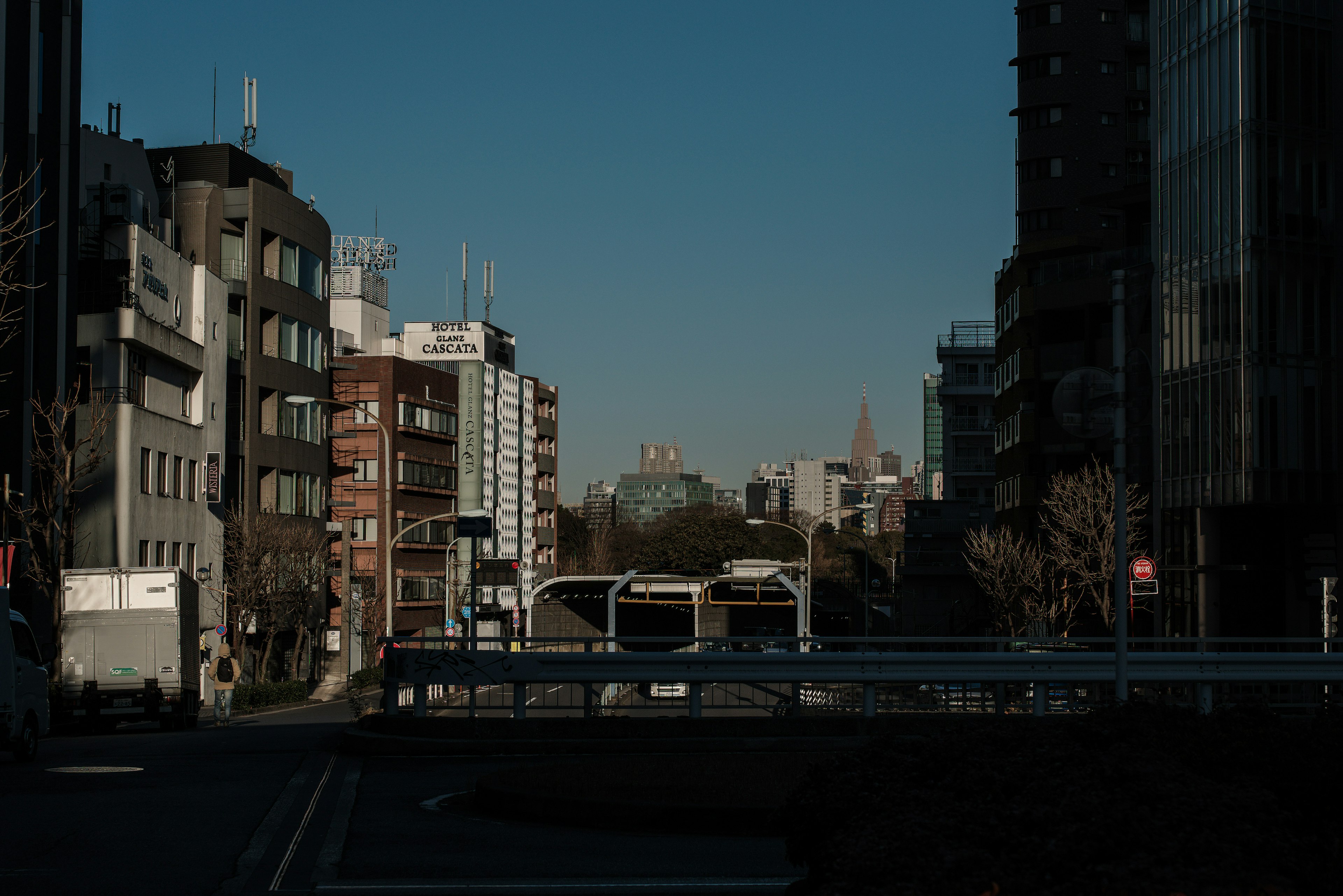 東京の街並みを背景にした静かな通りの風景