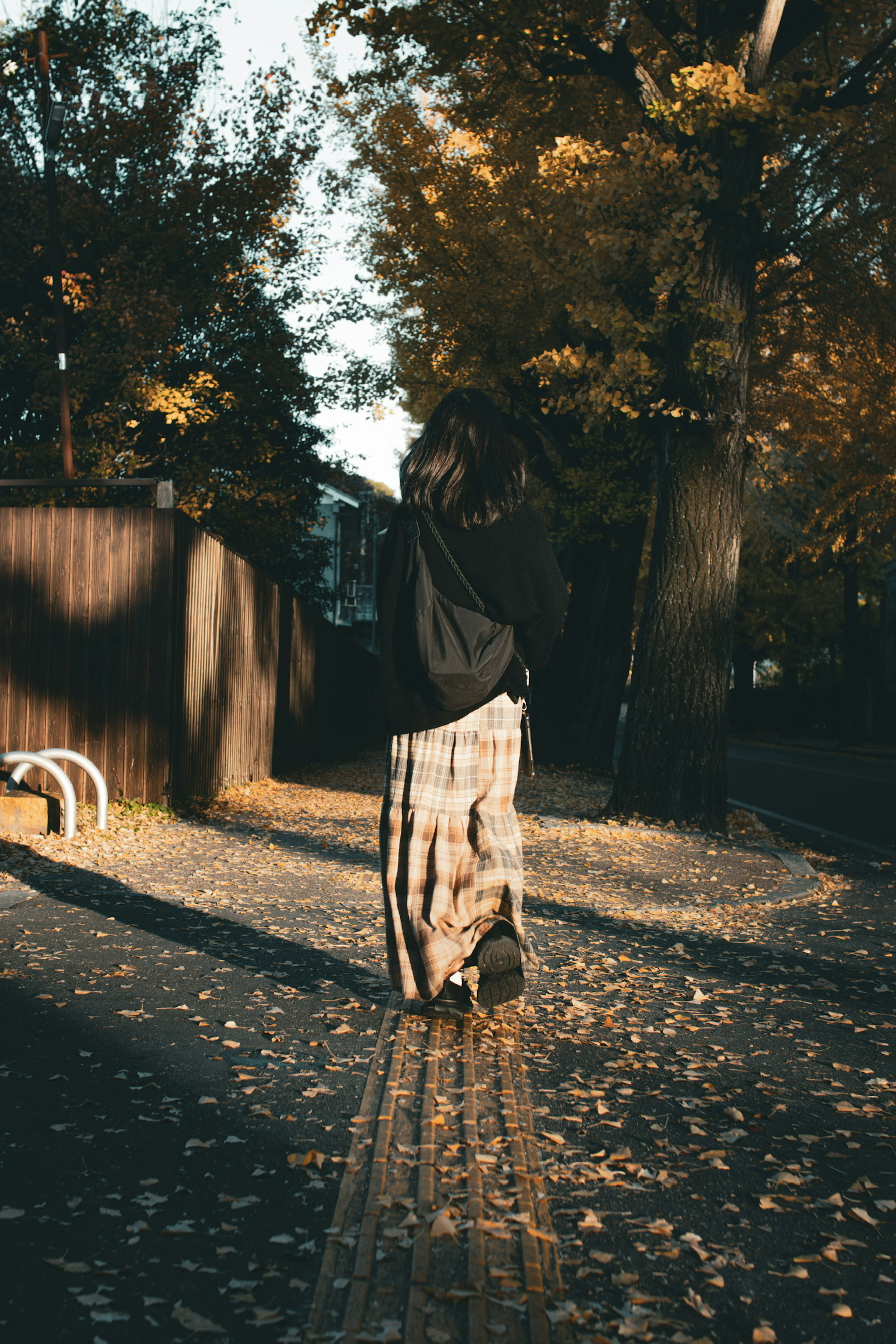 Woman walking away in an autumn park with fallen leaves on the path