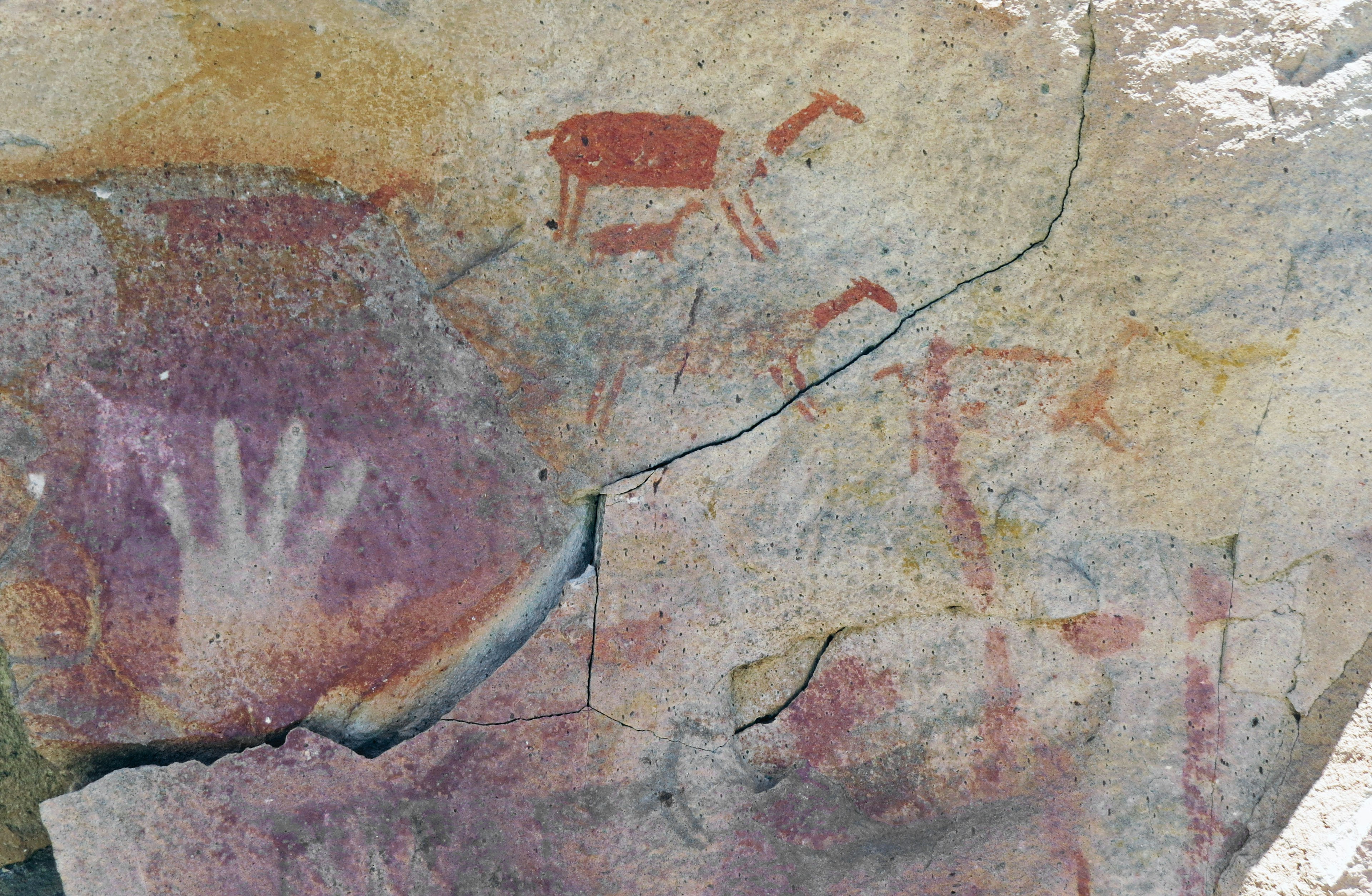 Ancient rock painting featuring animals and handprints