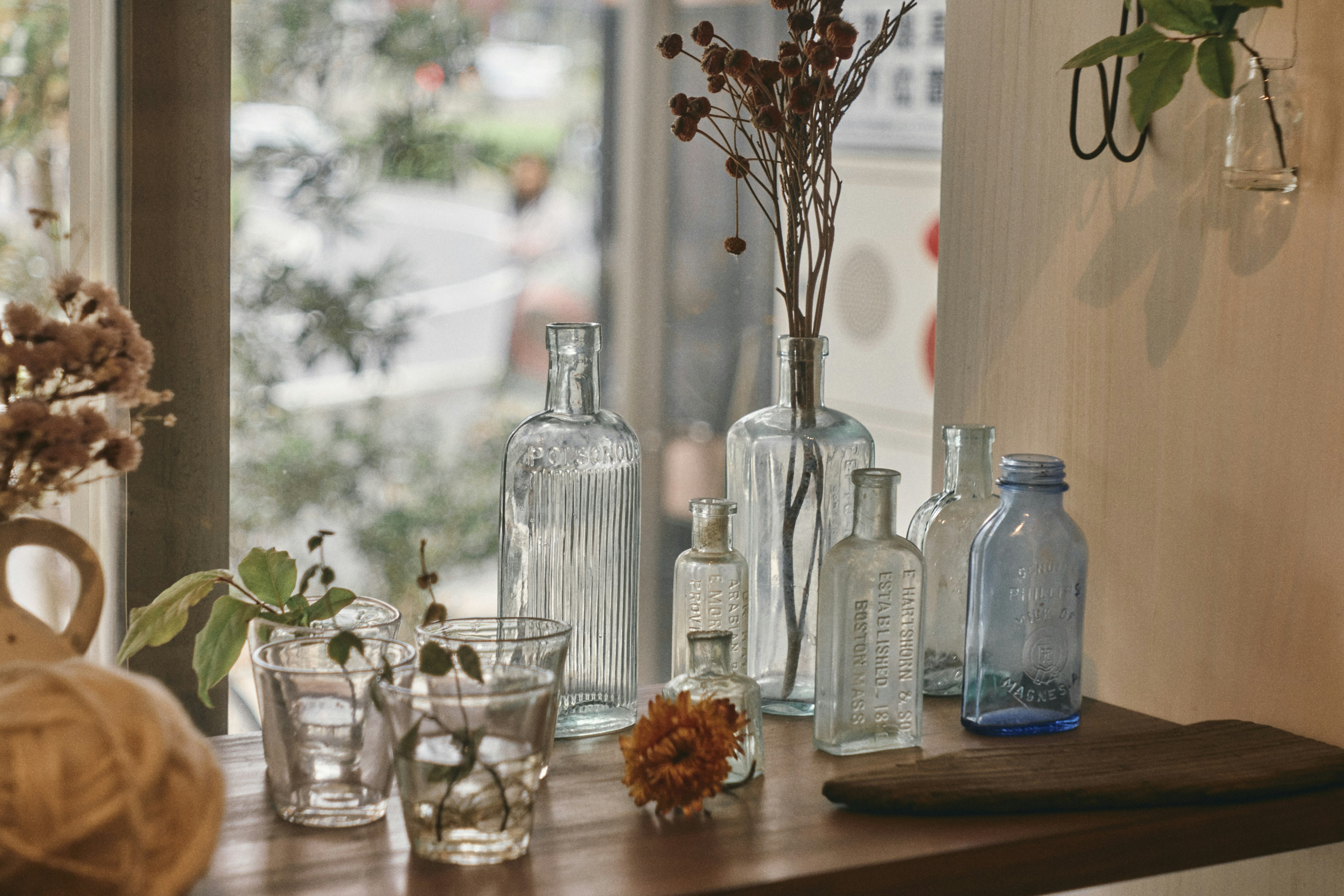 Una mesa de madera con varias botellas claras y plantas secas