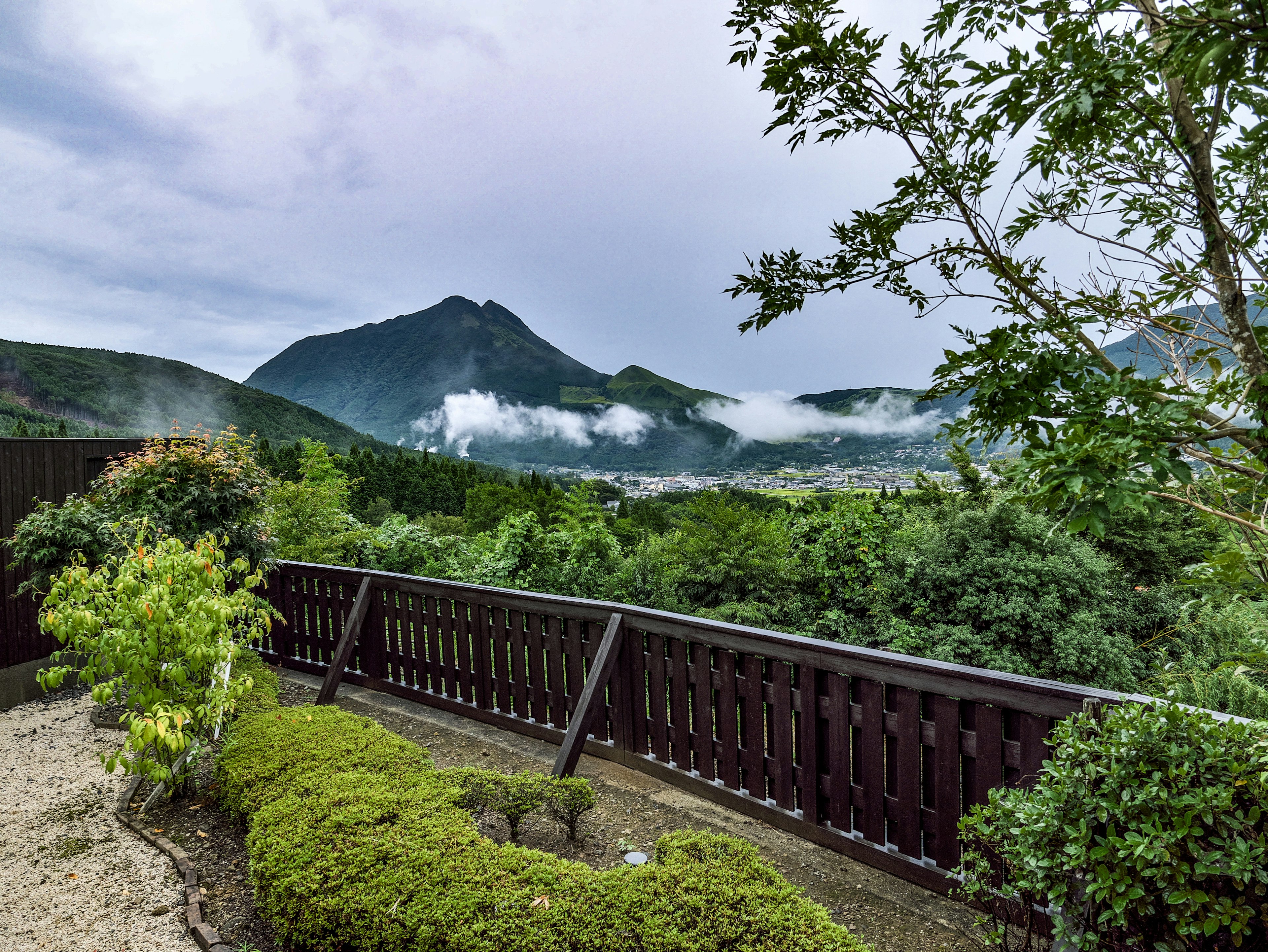 Vista escénica de un jardín exuberante con montañas y nubes al fondo