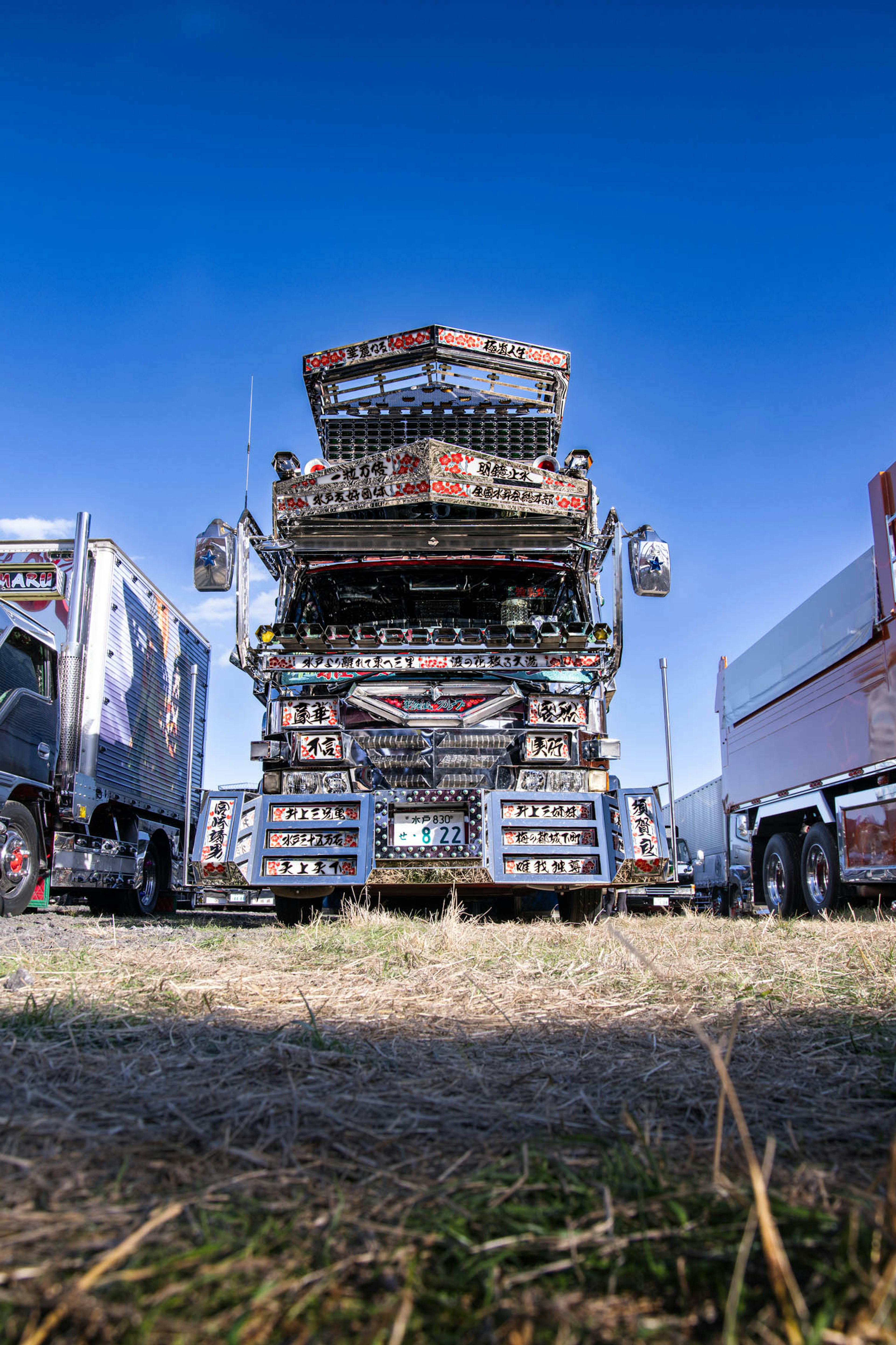 A decorated truck standing under a blue sky