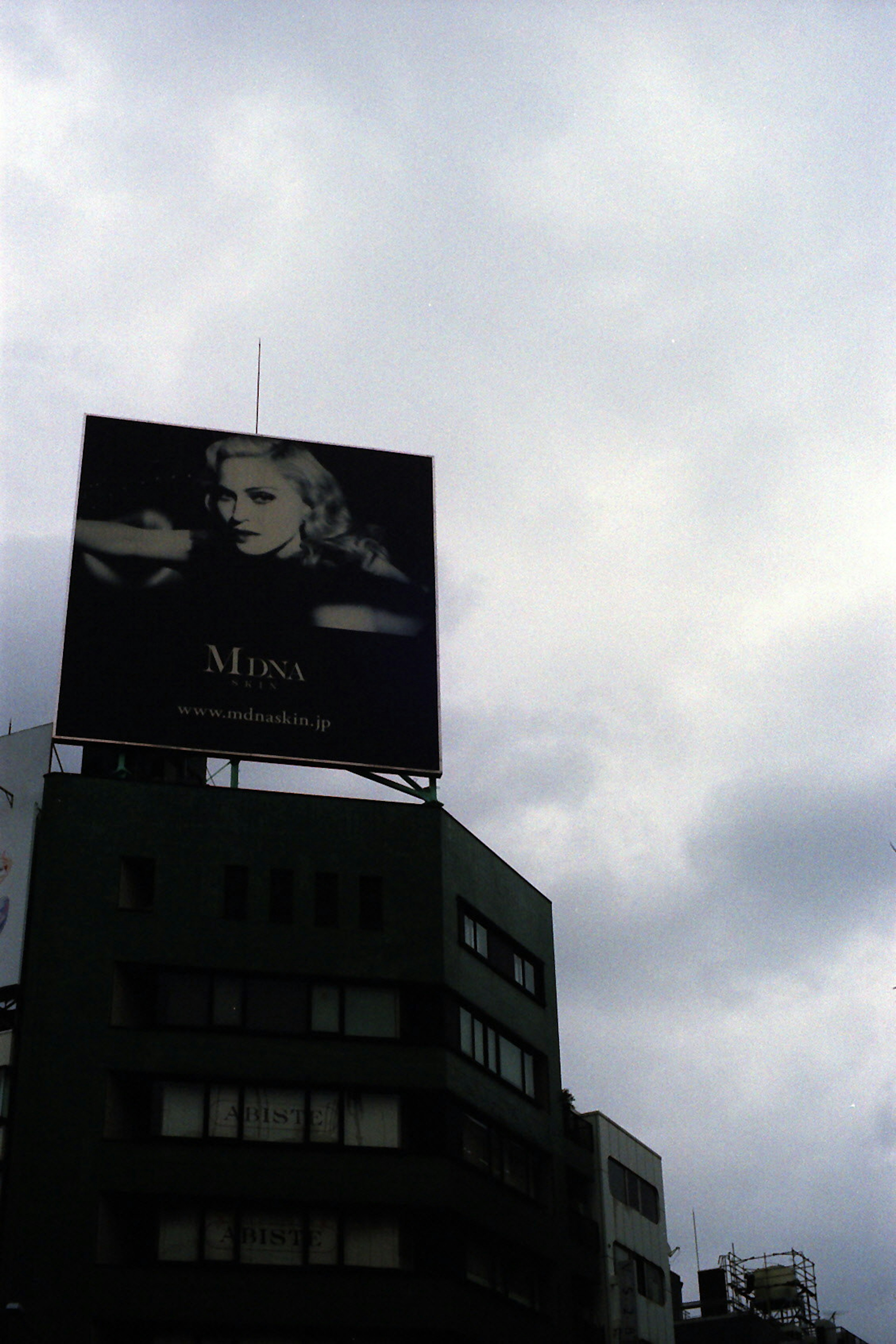 Large billboard featuring a woman's portrait against a cloudy sky