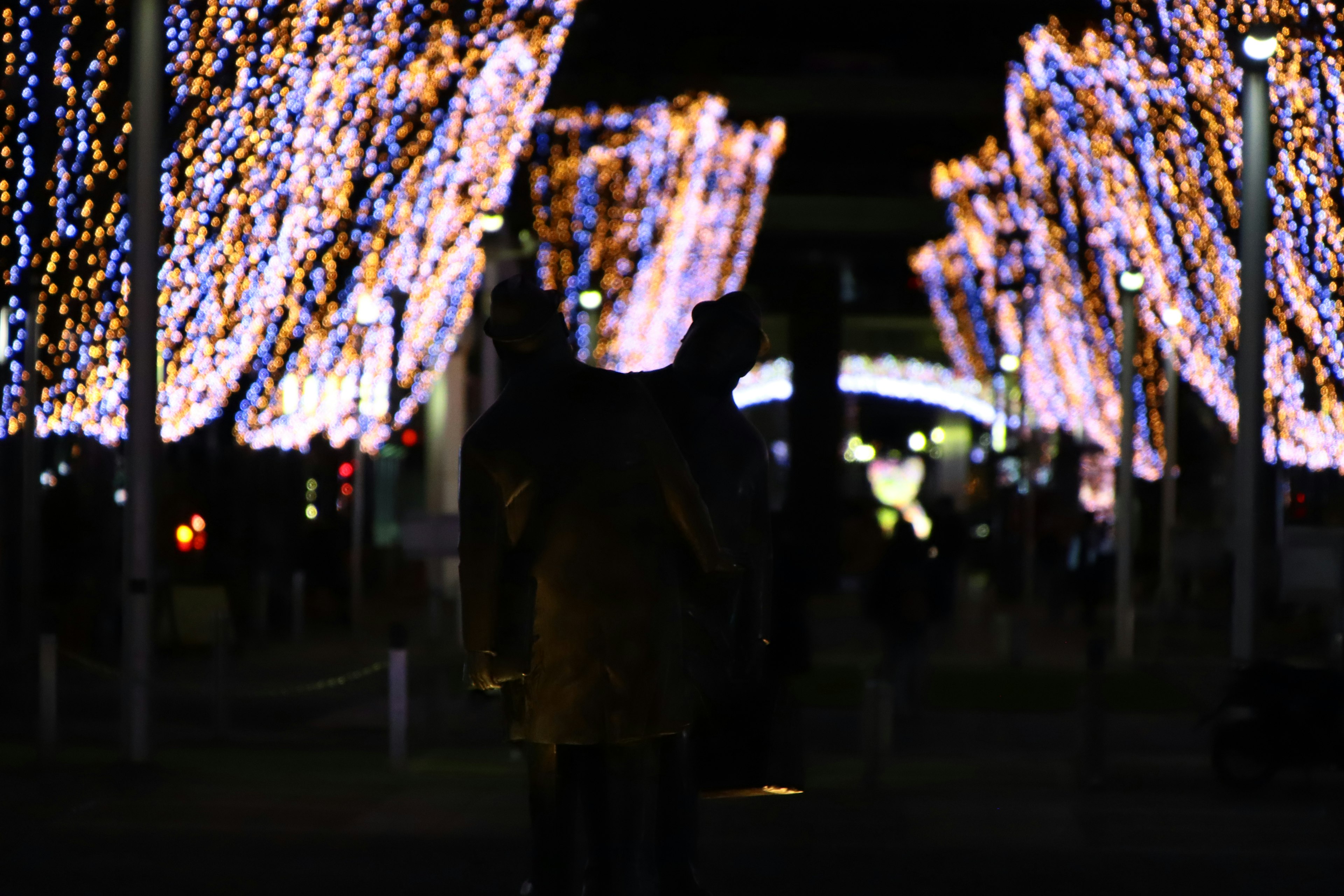 夜の散策路に立つ人影と光の装飾