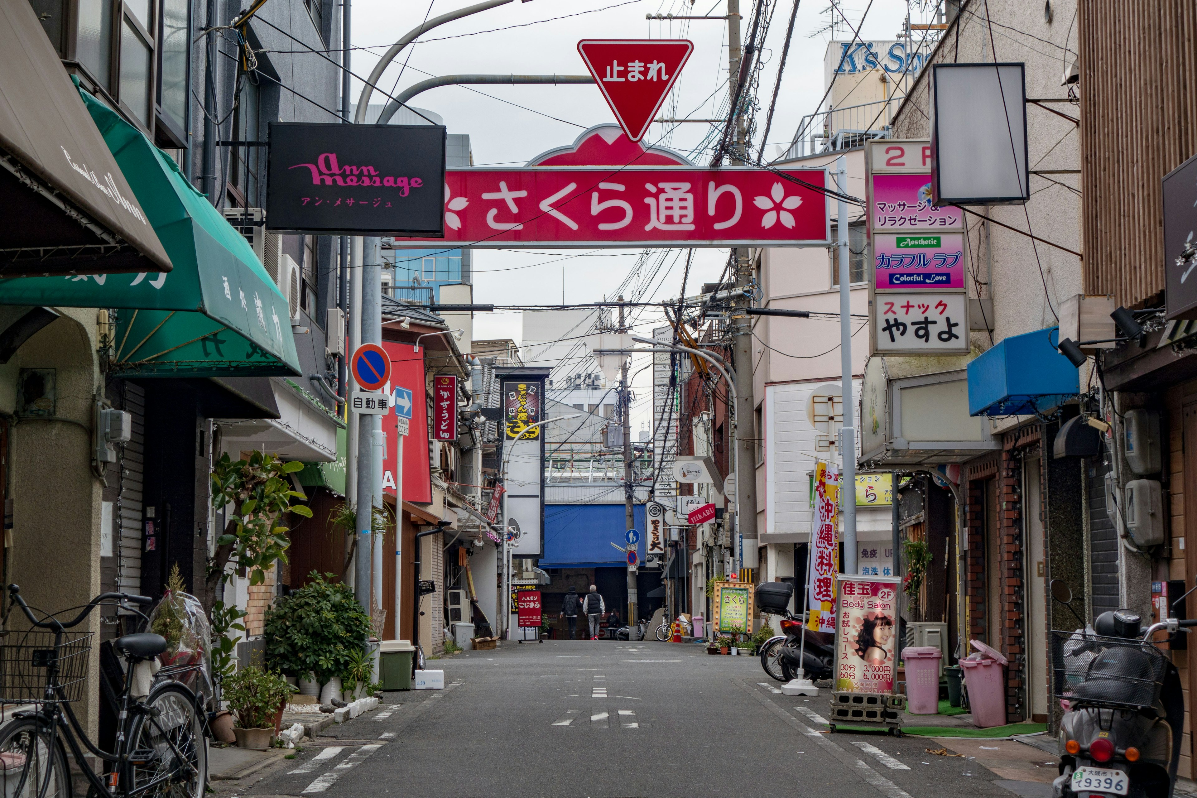 ทัศนียภาพของถนนซากุระที่มีร้านค้าและจักรยานเรียงราย