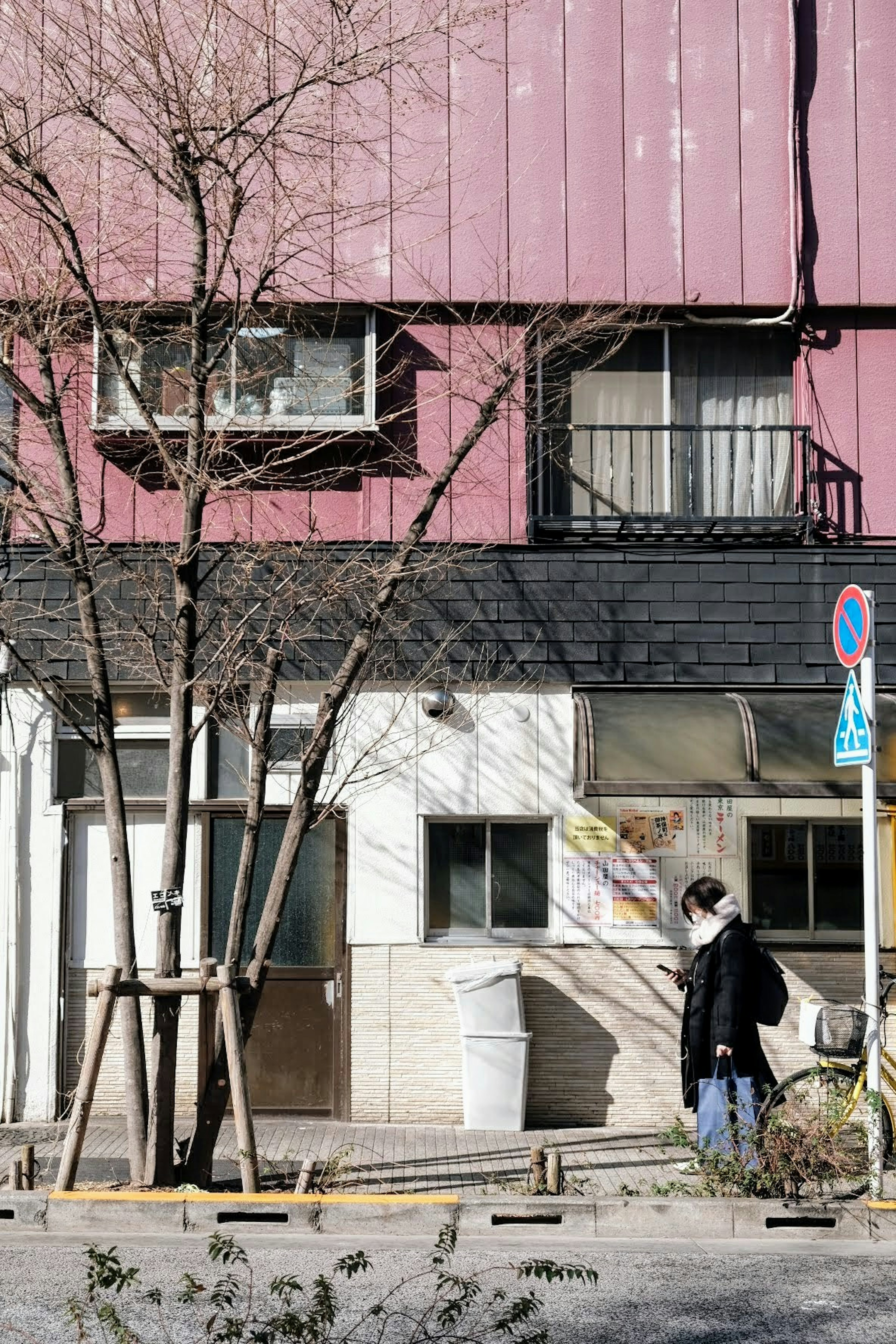 Persona che cammina davanti a un edificio con facciata rosa e albero spoglio