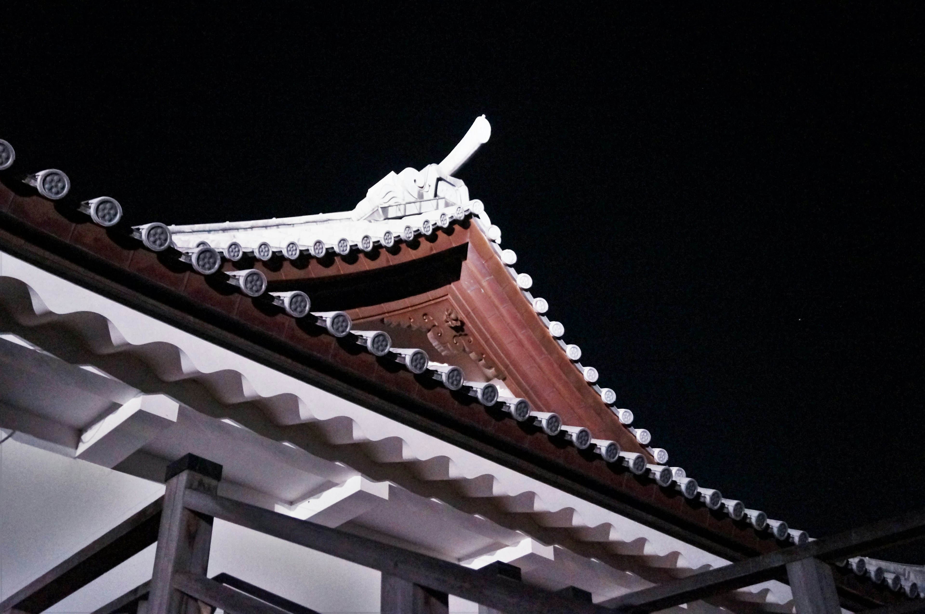 Detalles de un techo japonés tradicional iluminado contra un cielo nocturno