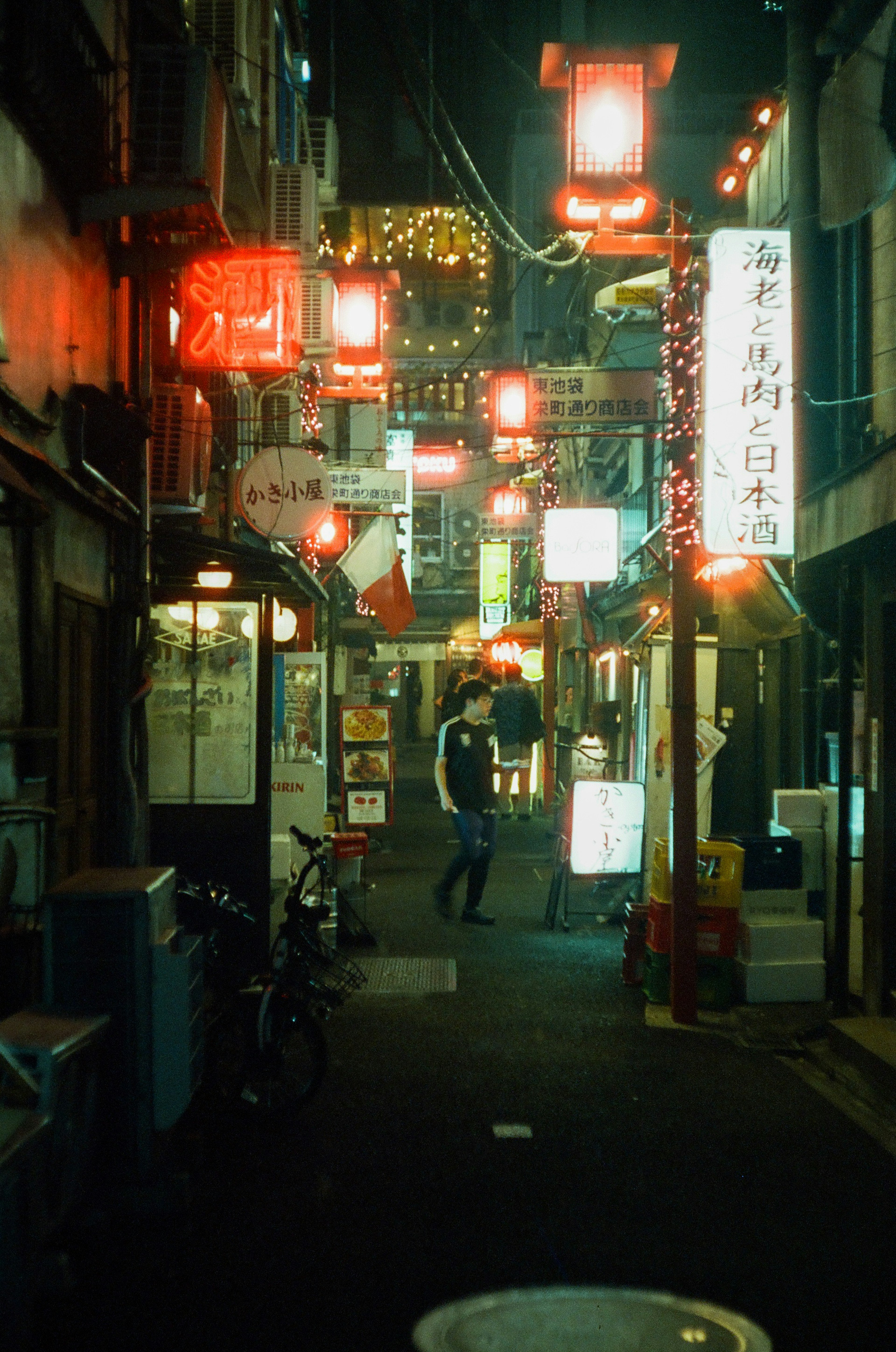 夜の日本の路地に並ぶ赤い提灯とネオンの看板