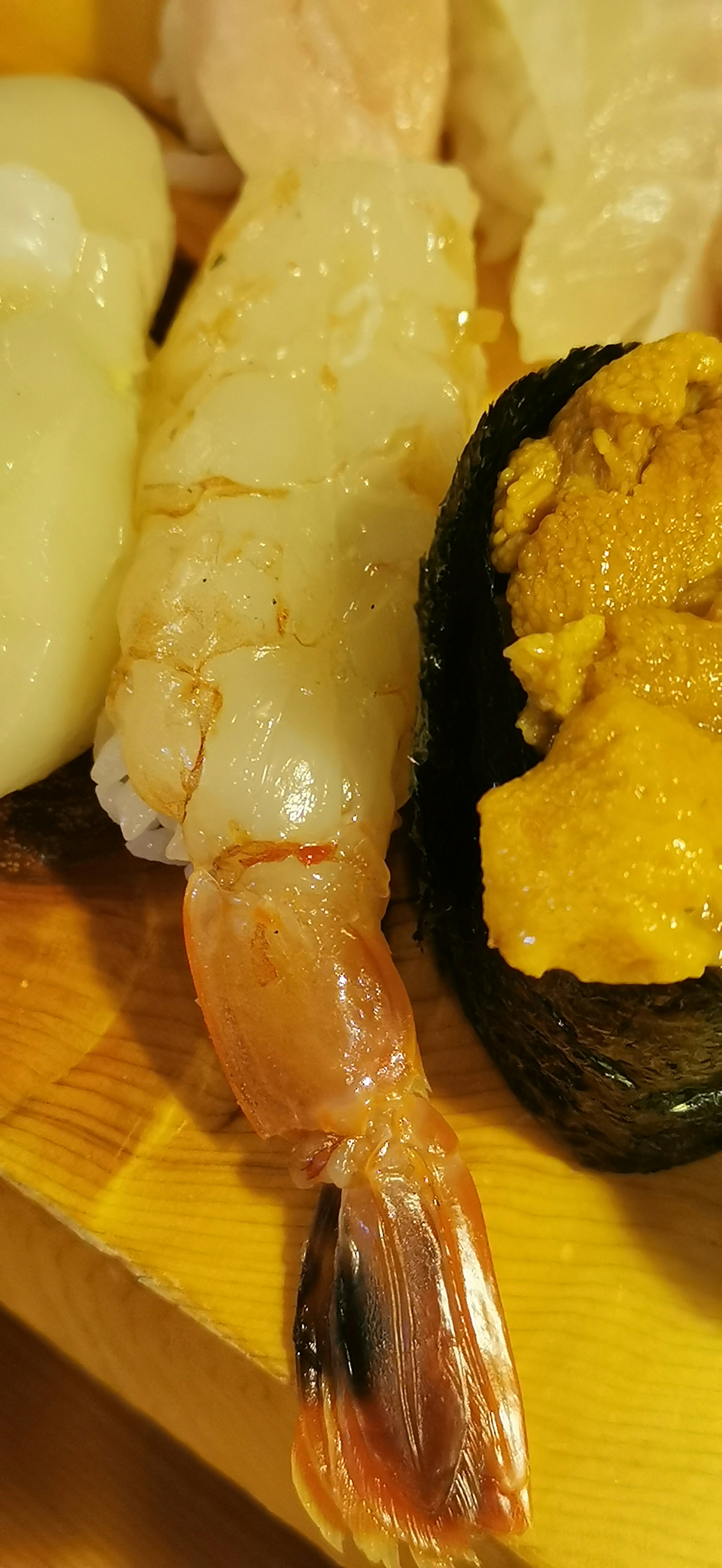 Fresh shrimp and sea urchin sushi displayed beautifully