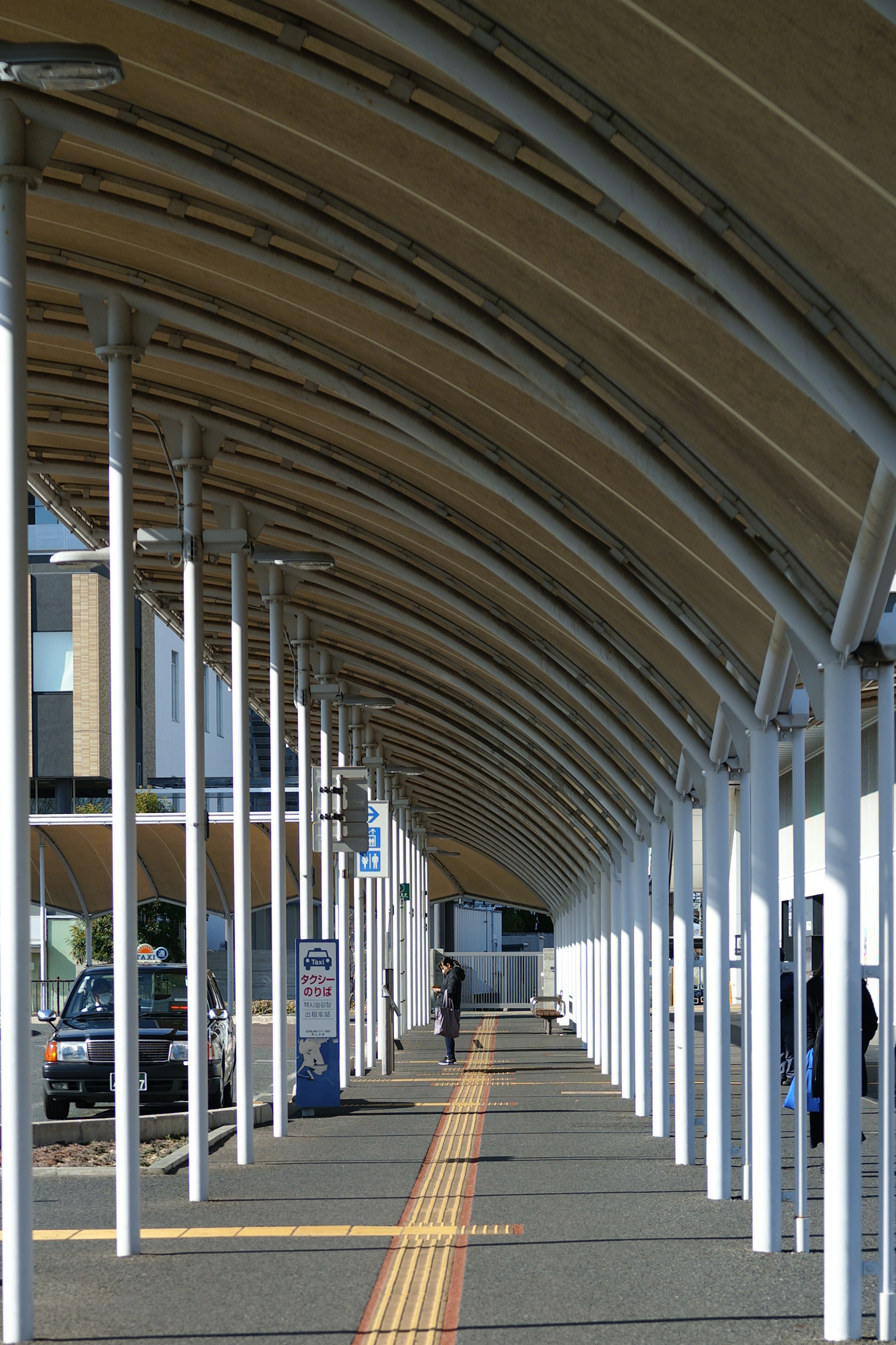 Passerelle couverte avec des colonnes blanches et un chemin en asphalte