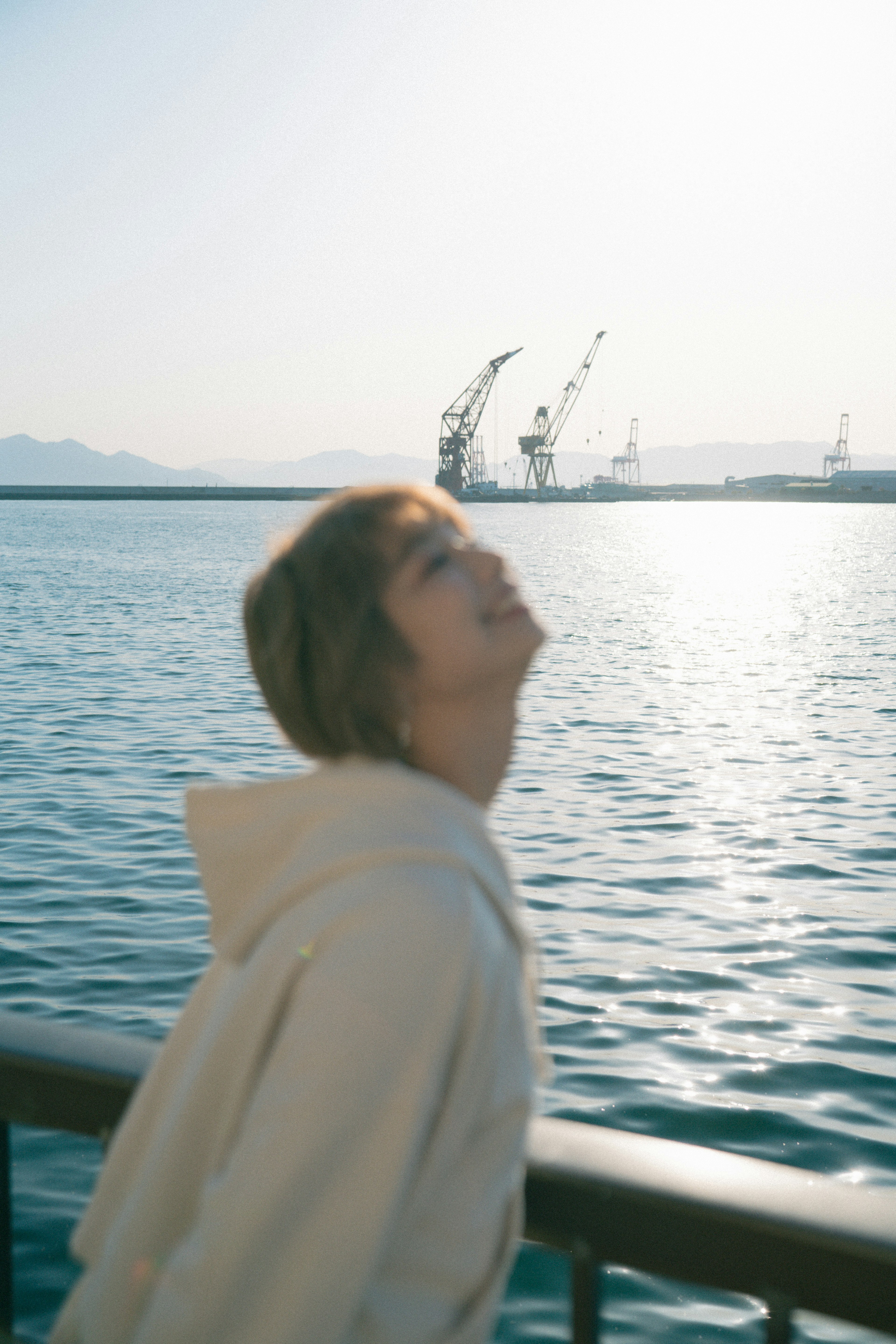 Smiling woman by the seaside with cranes in the background