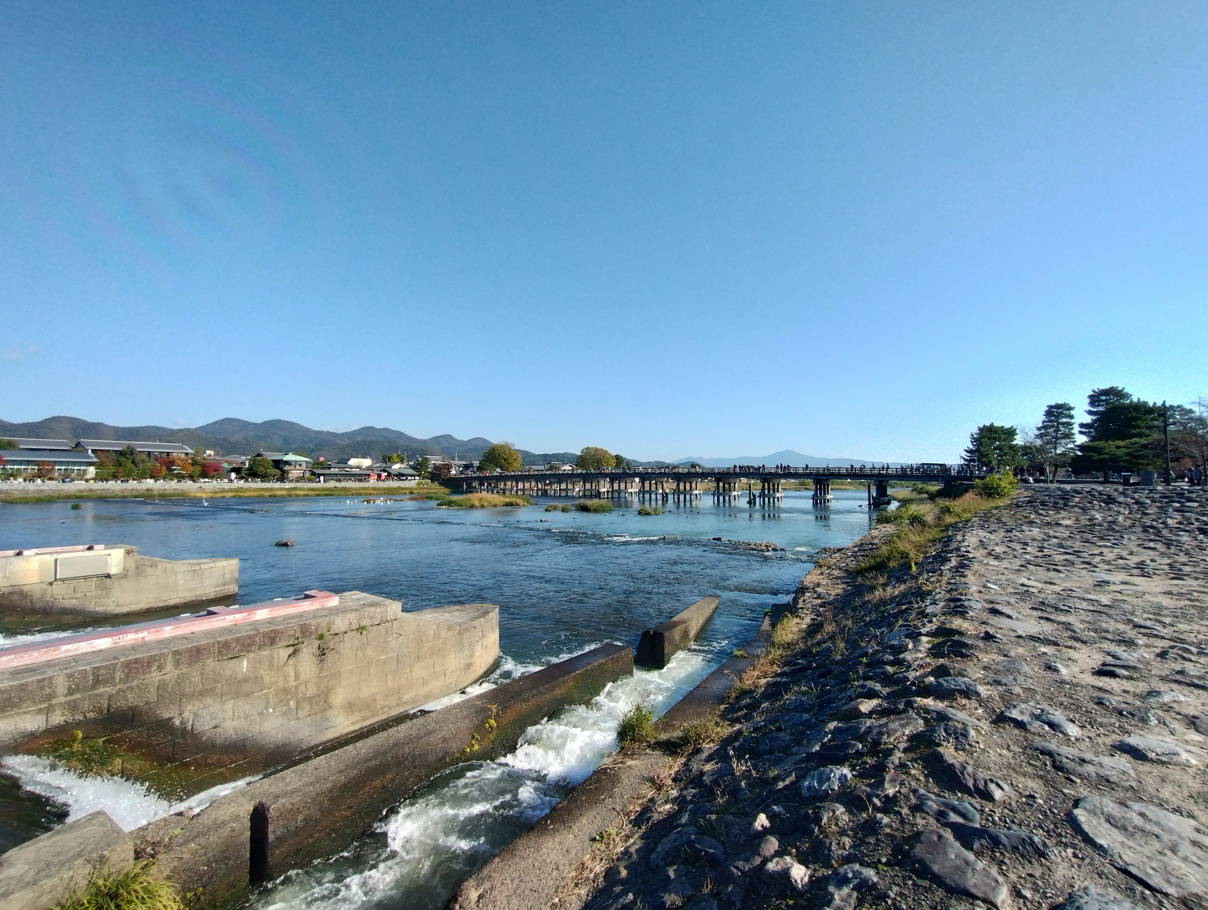 Scenic view of a calm river with a bridge in the distance