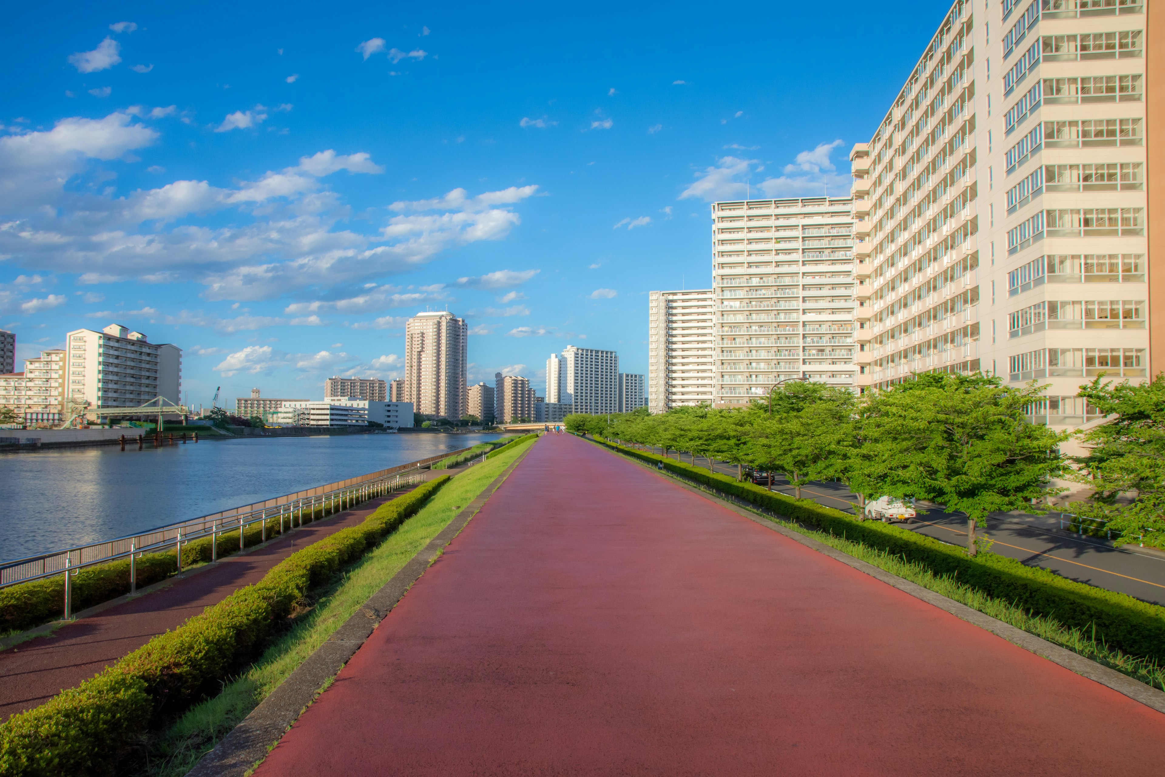 Uferpromenade mit Grünflächen und hohen Gebäuden unter blauem Himmel