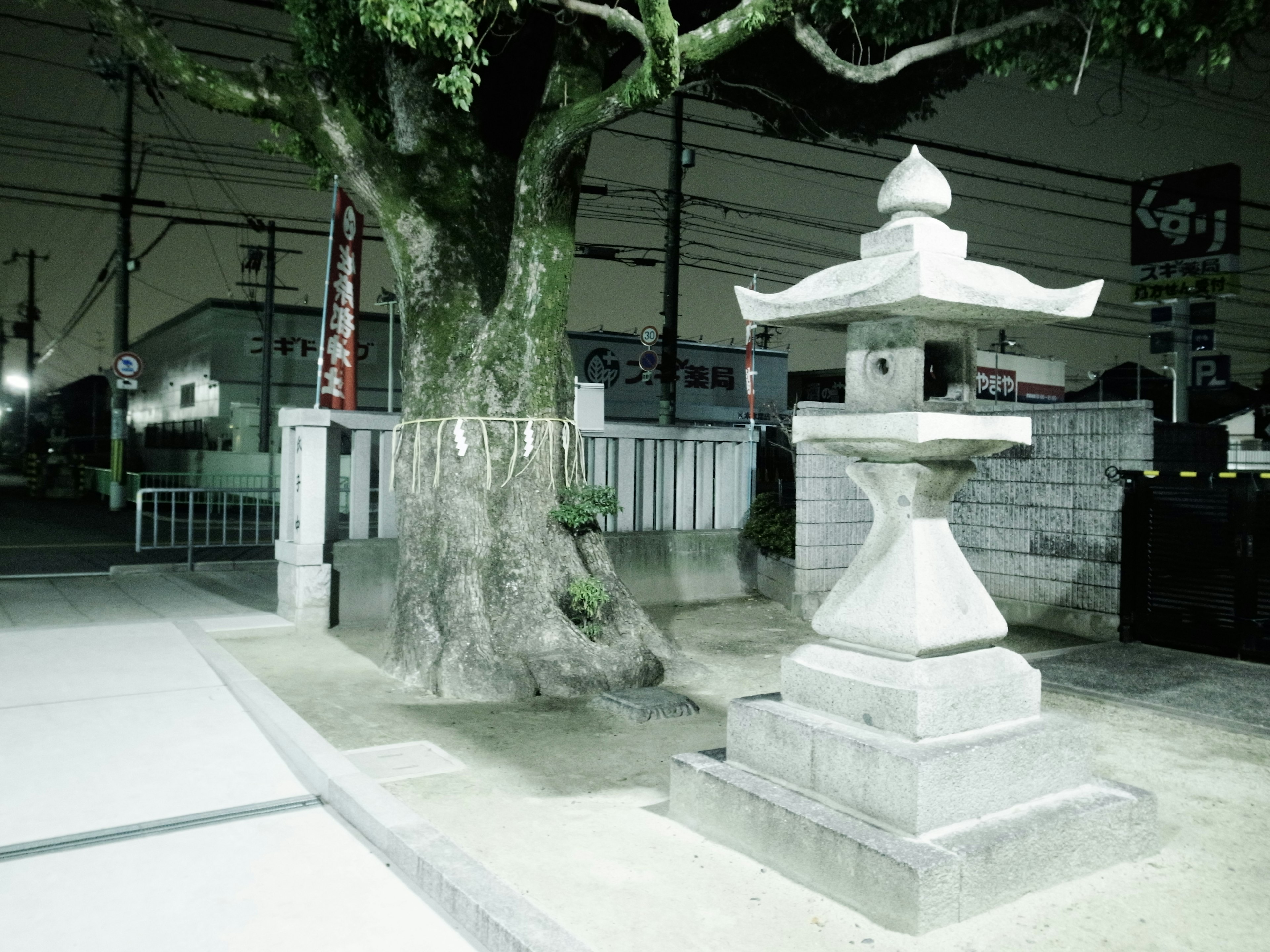 Stone lantern and large tree at a street corner in the night