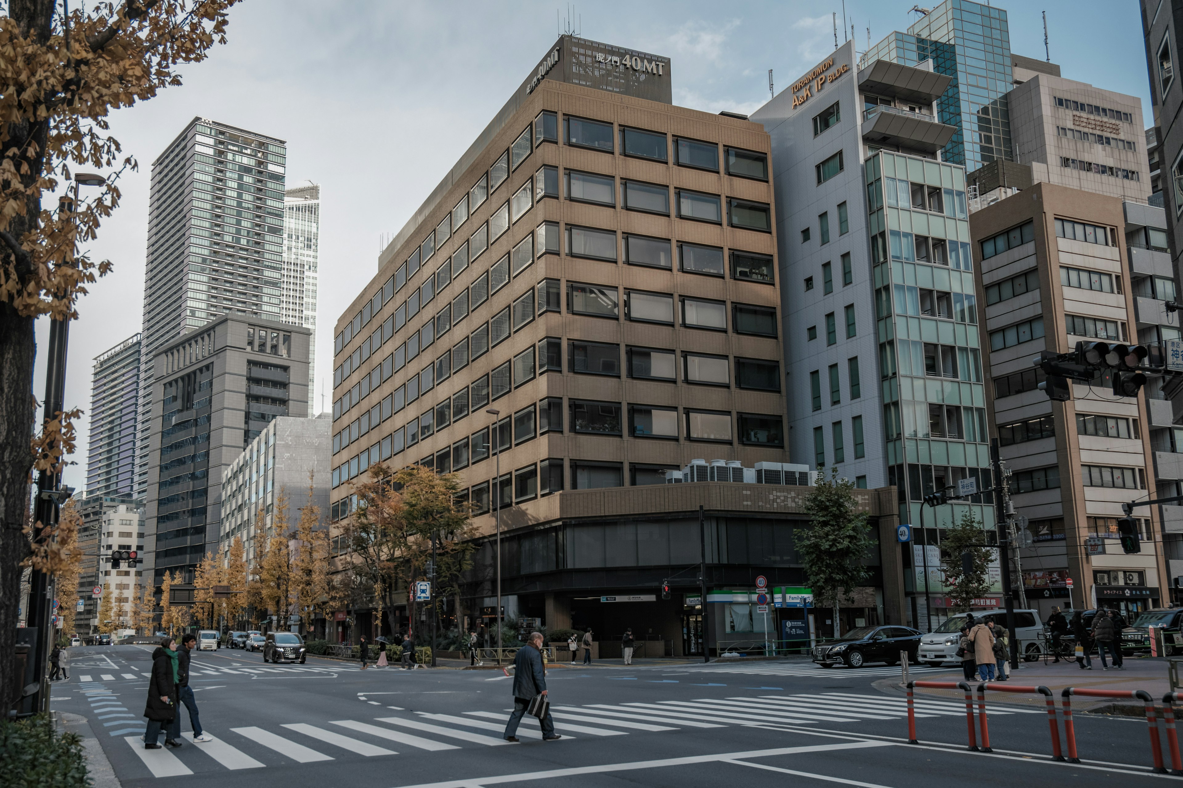 Urban intersection with buildings and pedestrians