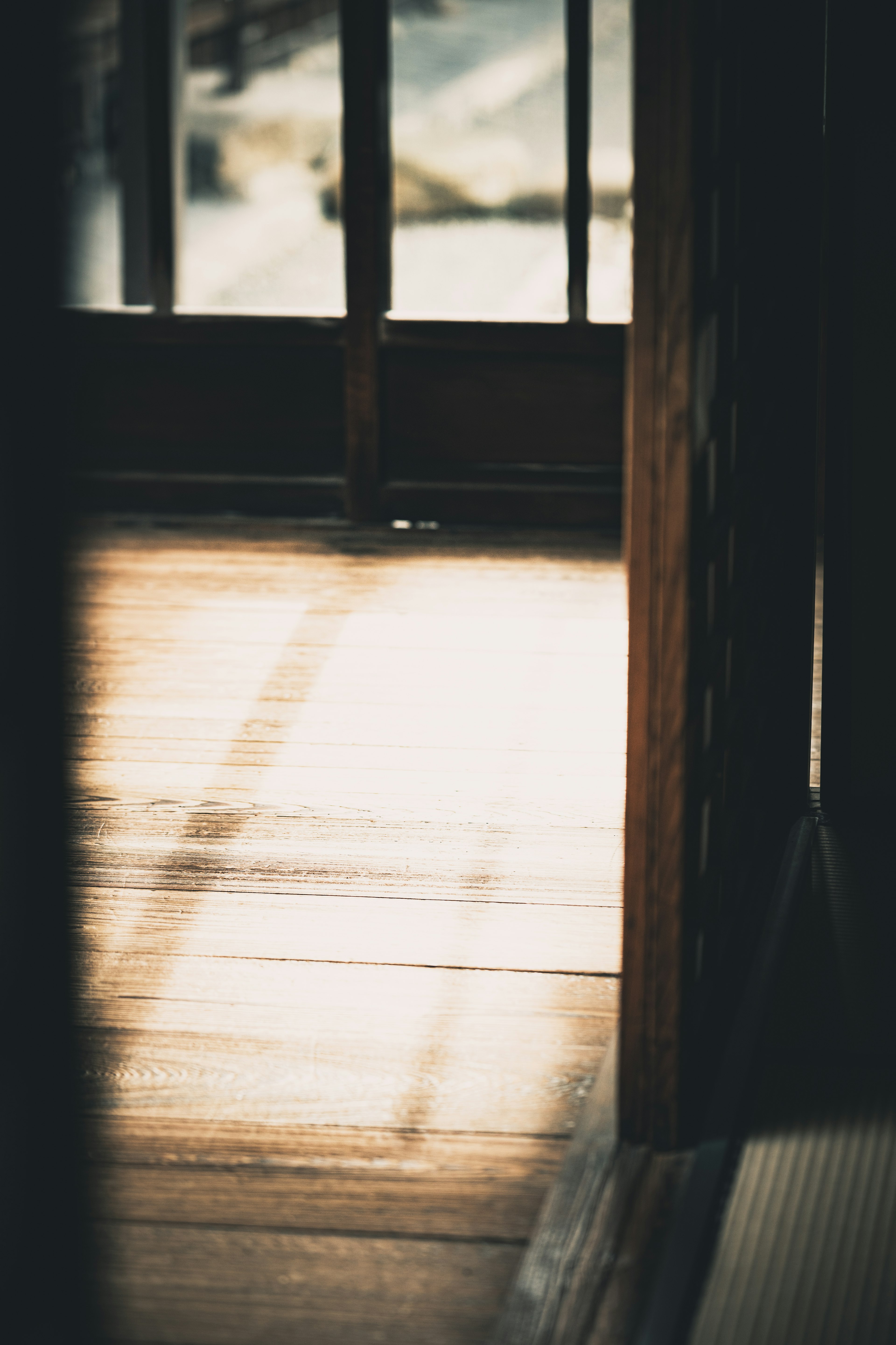 Quiet interior with wooden floor and intersecting shadows