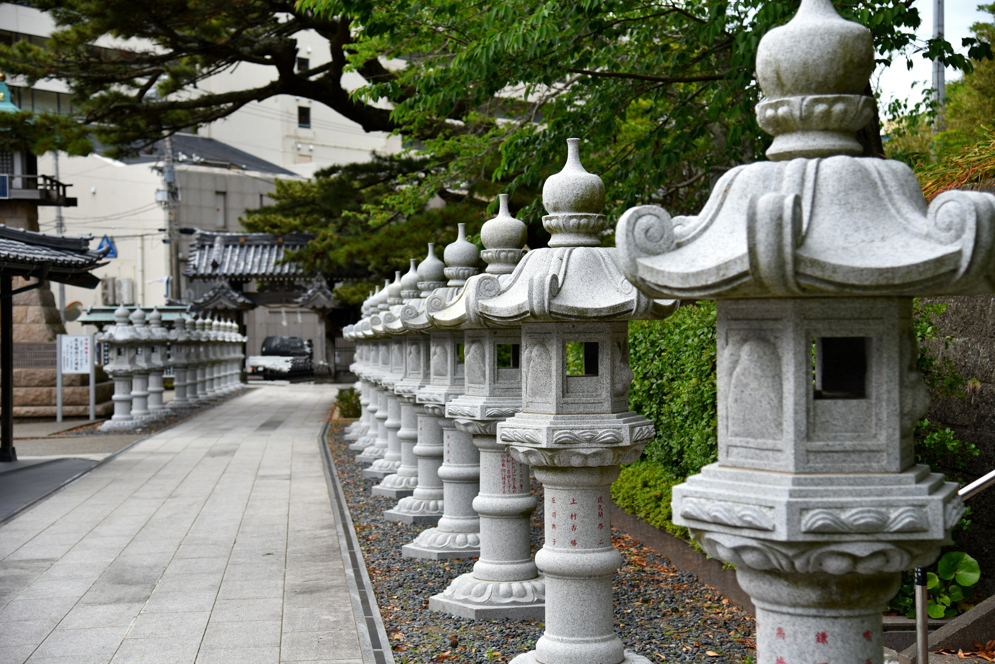 Row of stone lanterns lined with greenery