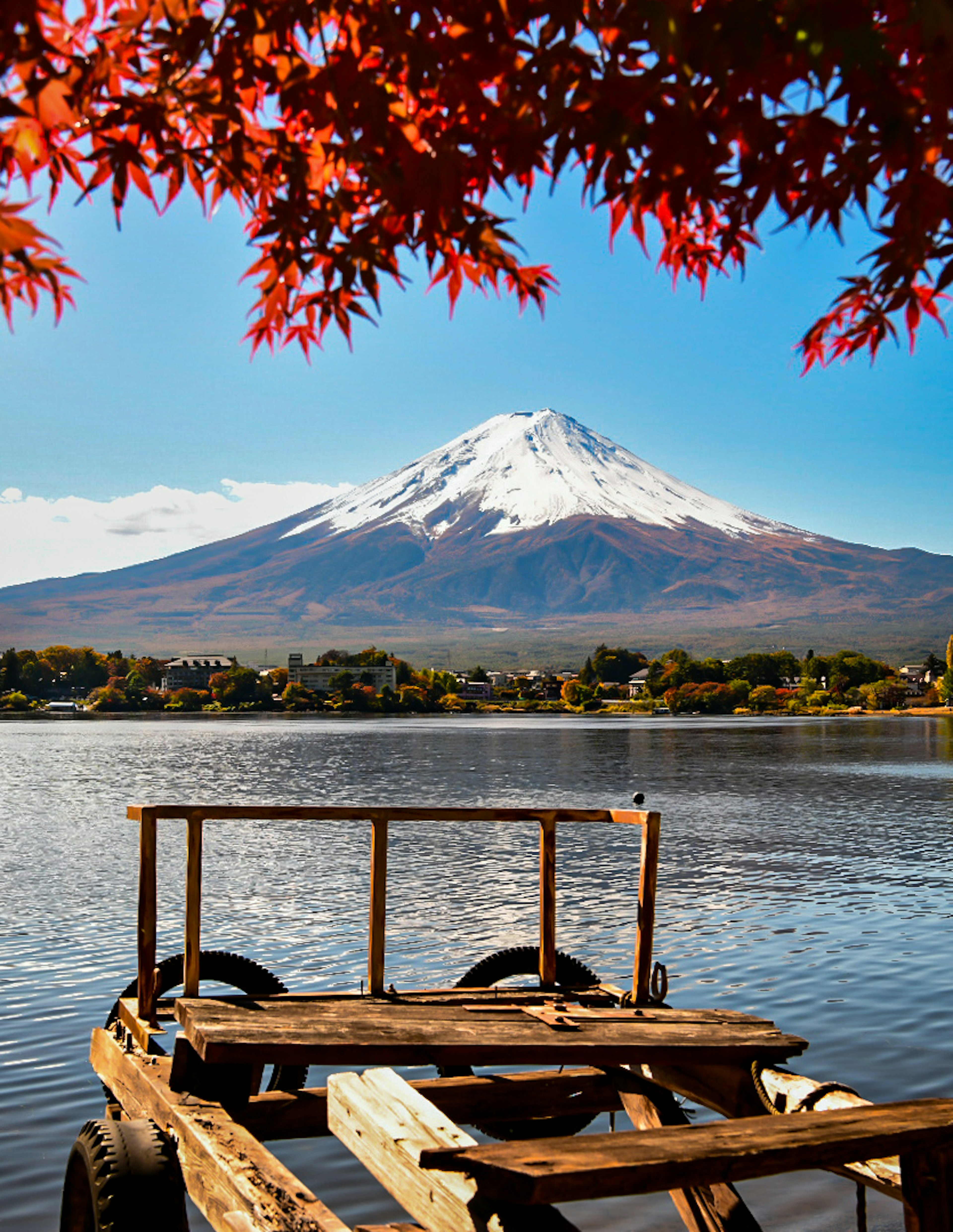 Scenic view of Mount Fuji with autumn leaves by the lake