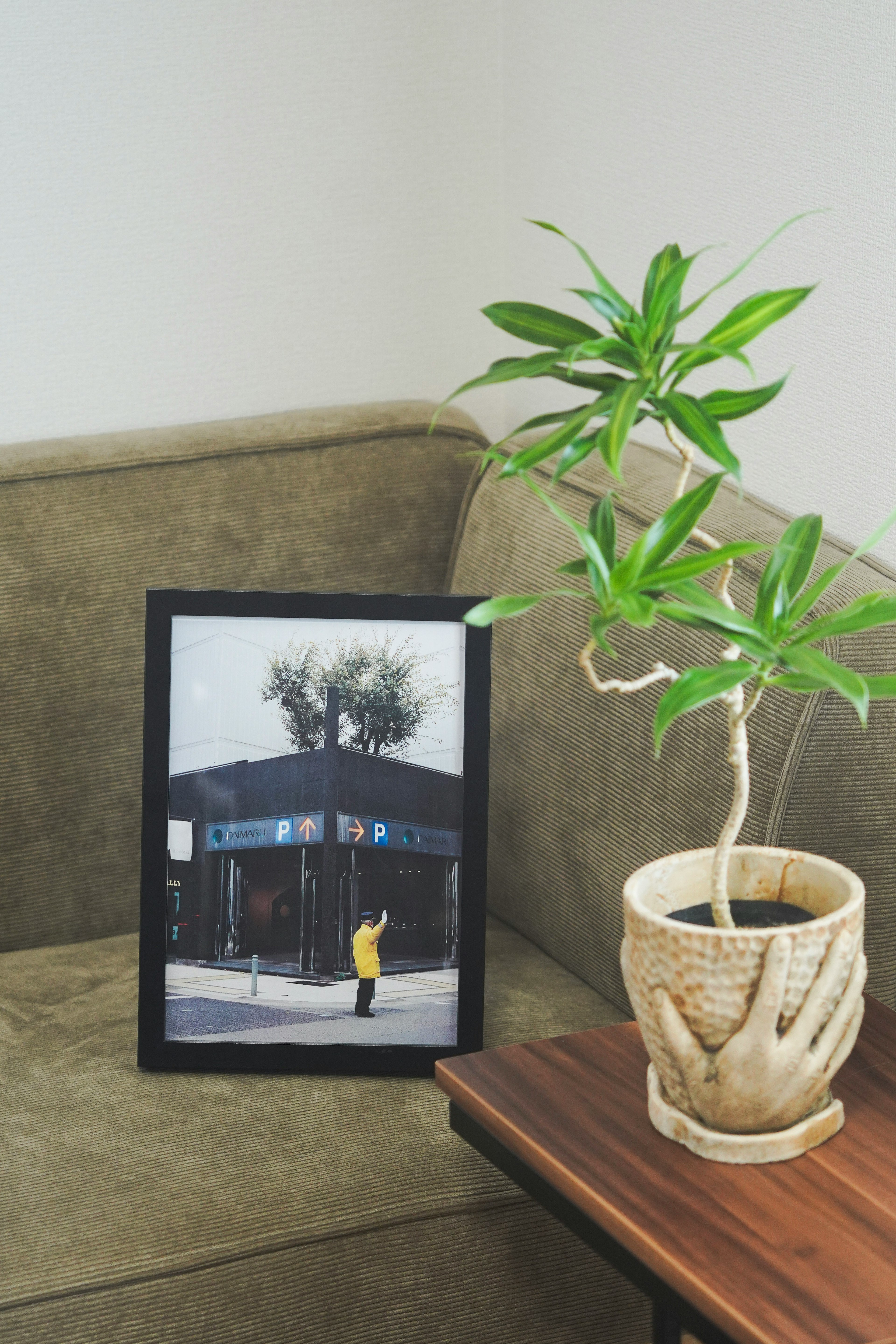 Un rincón de una habitación con un marco de foto en un sofá y una planta en maceta