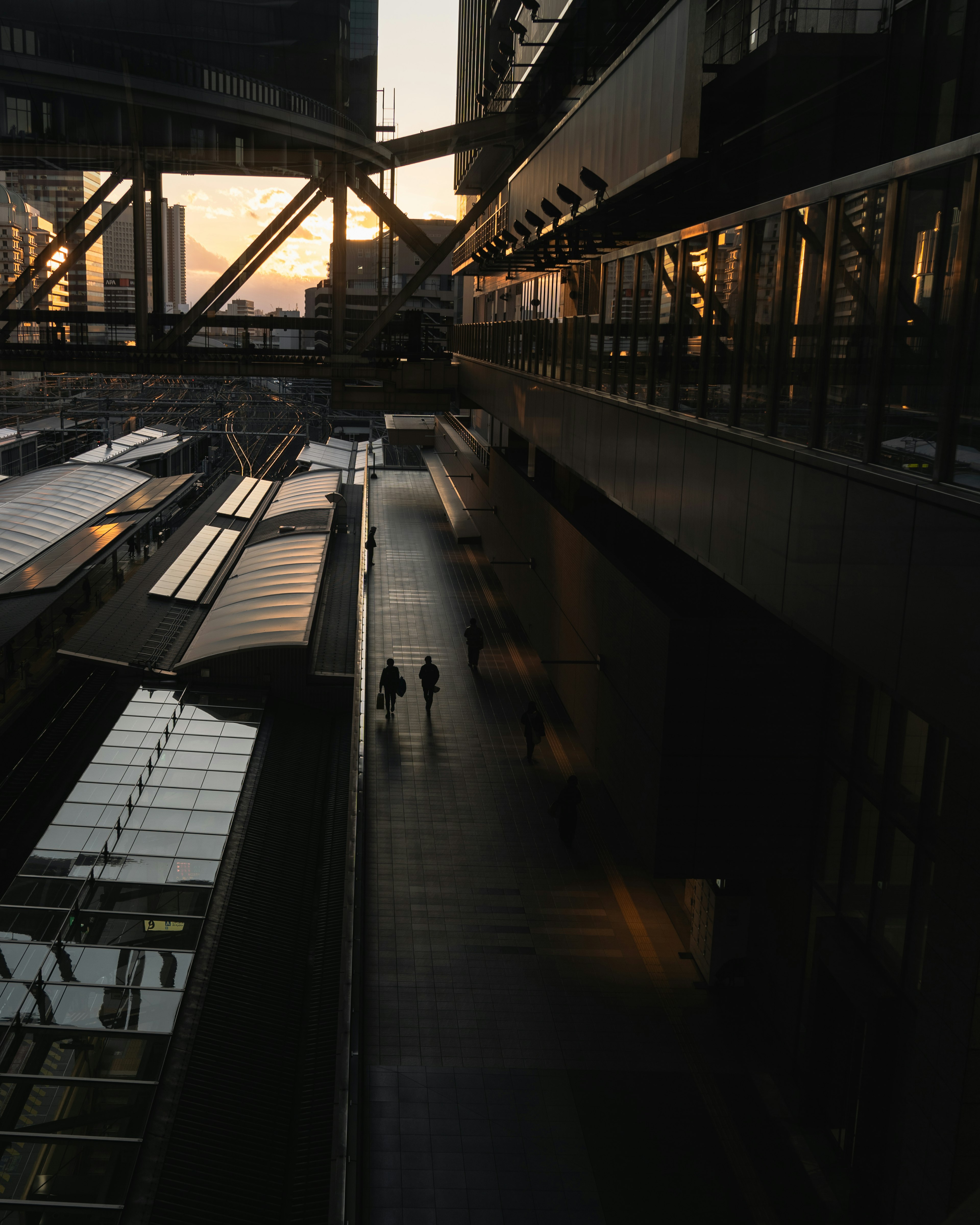 Silhouette of two people walking in a cityscape at dusk