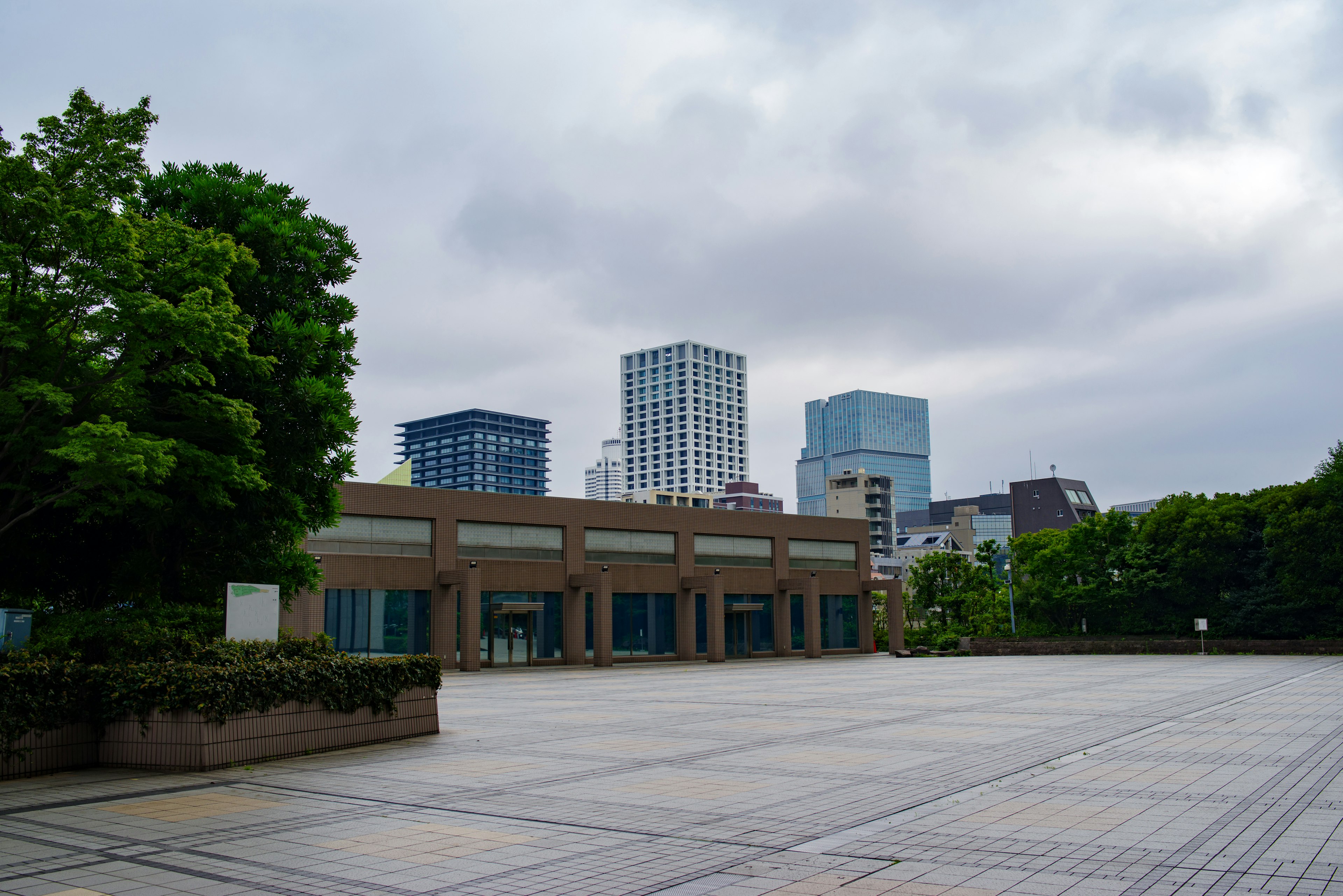 Spacious plaza with surrounding buildings and a green tree