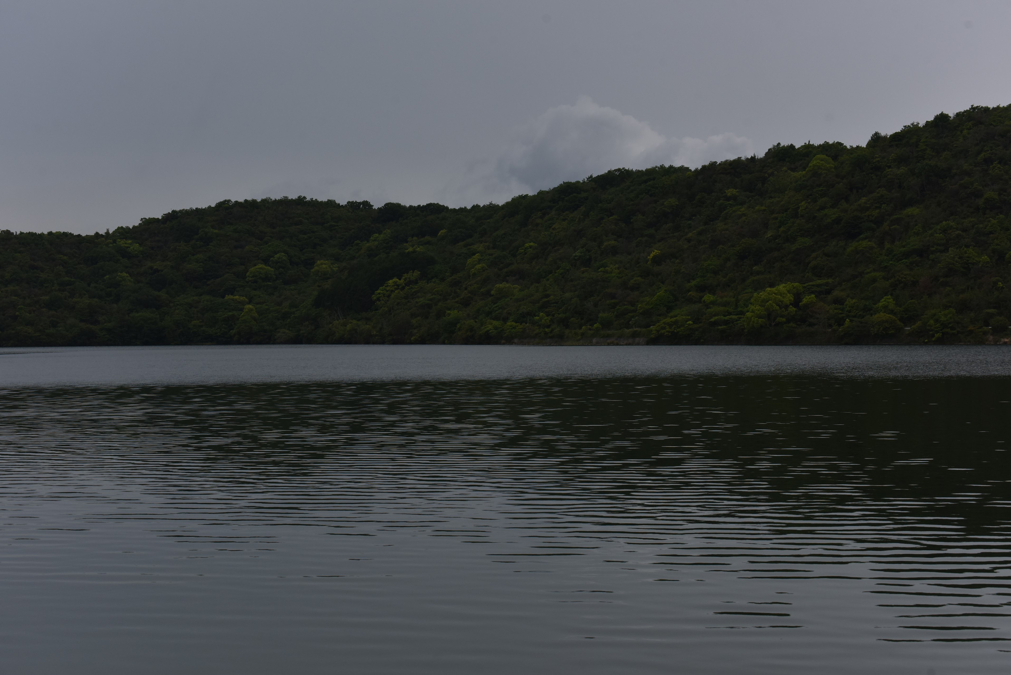 Superficie de lago calma con colinas verdes