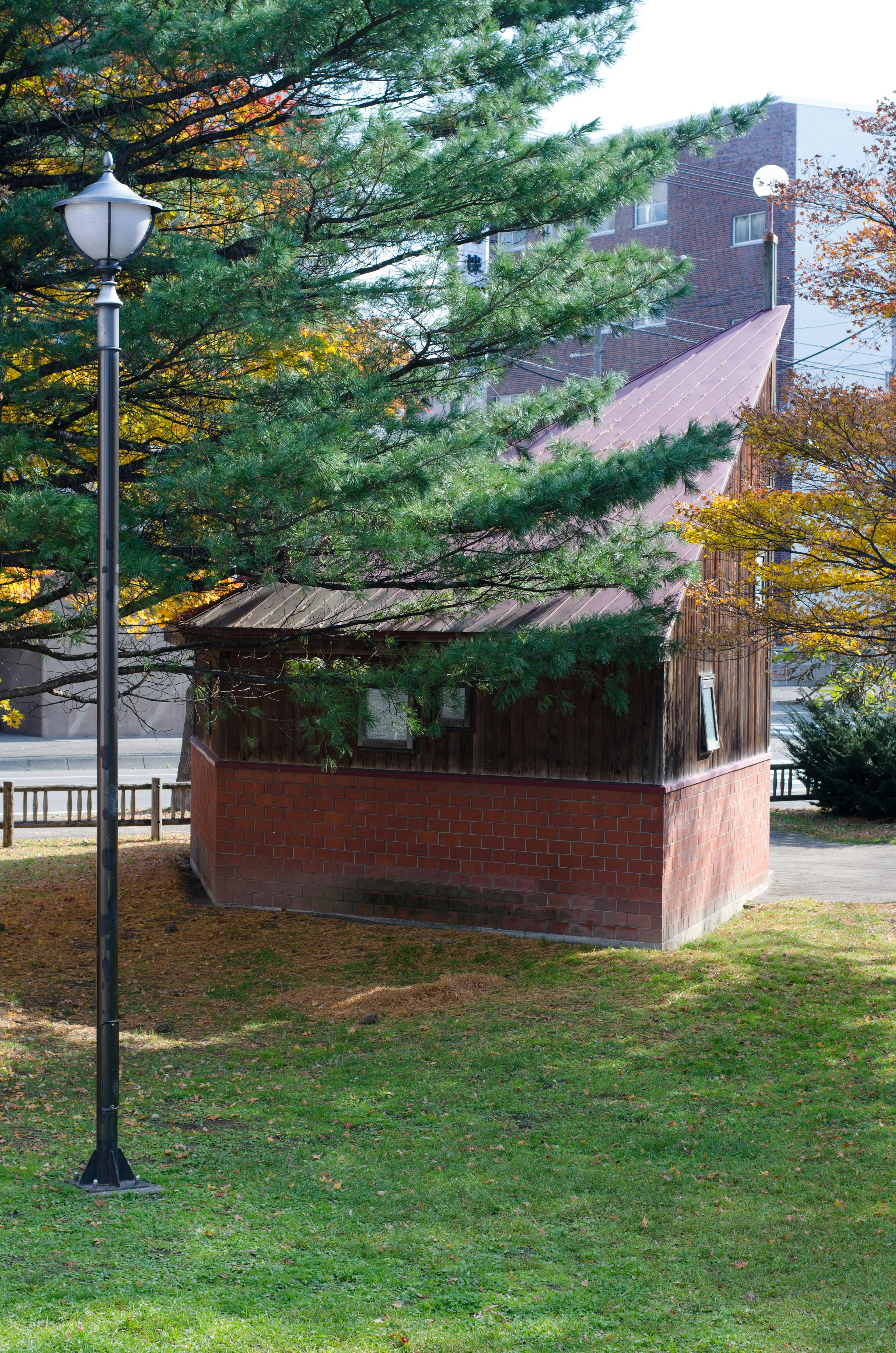 Gazebo del parque con un farol rodeado de hierba verde y árboles