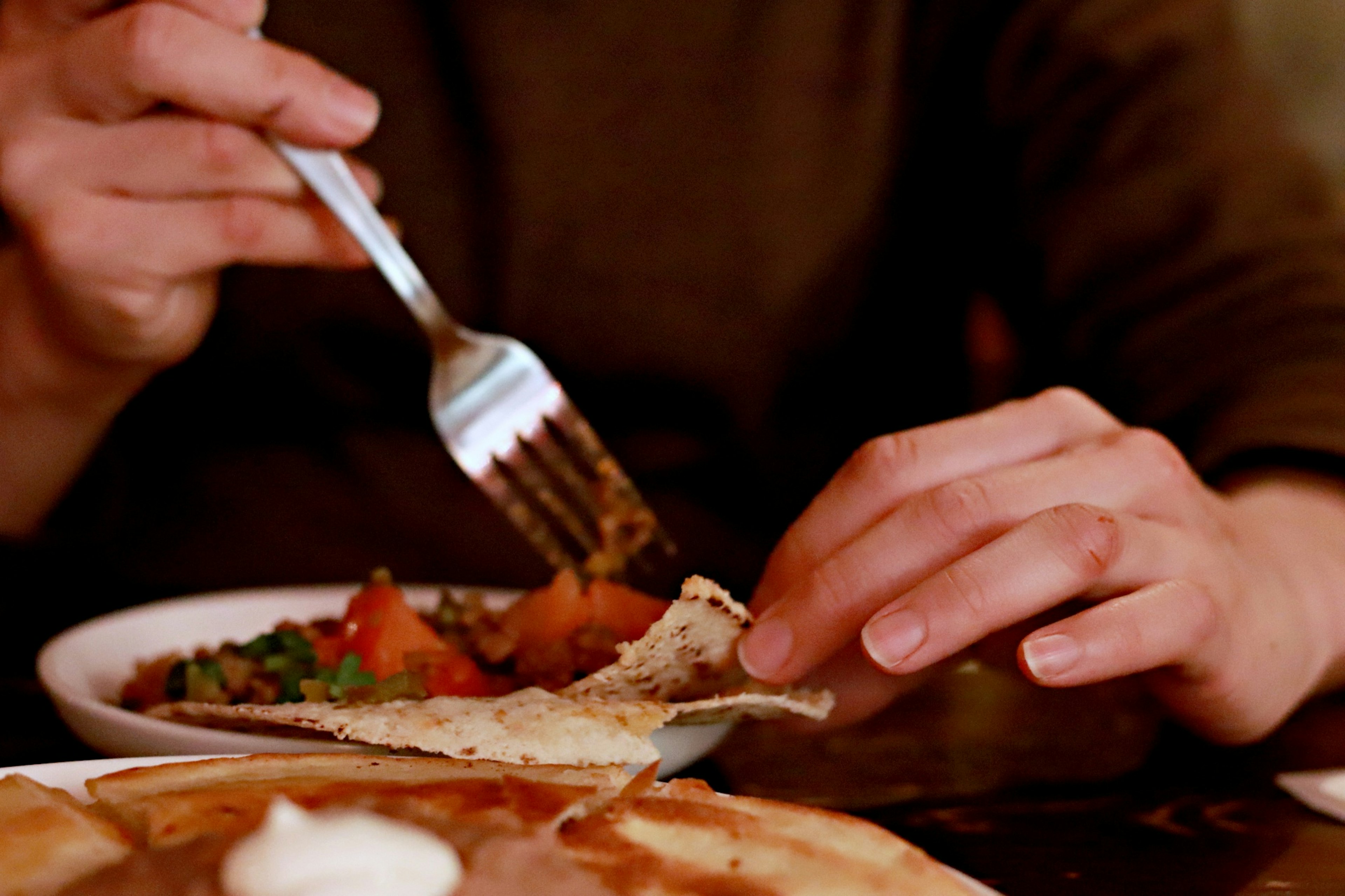 A person's hand using a fork to take food from a plate