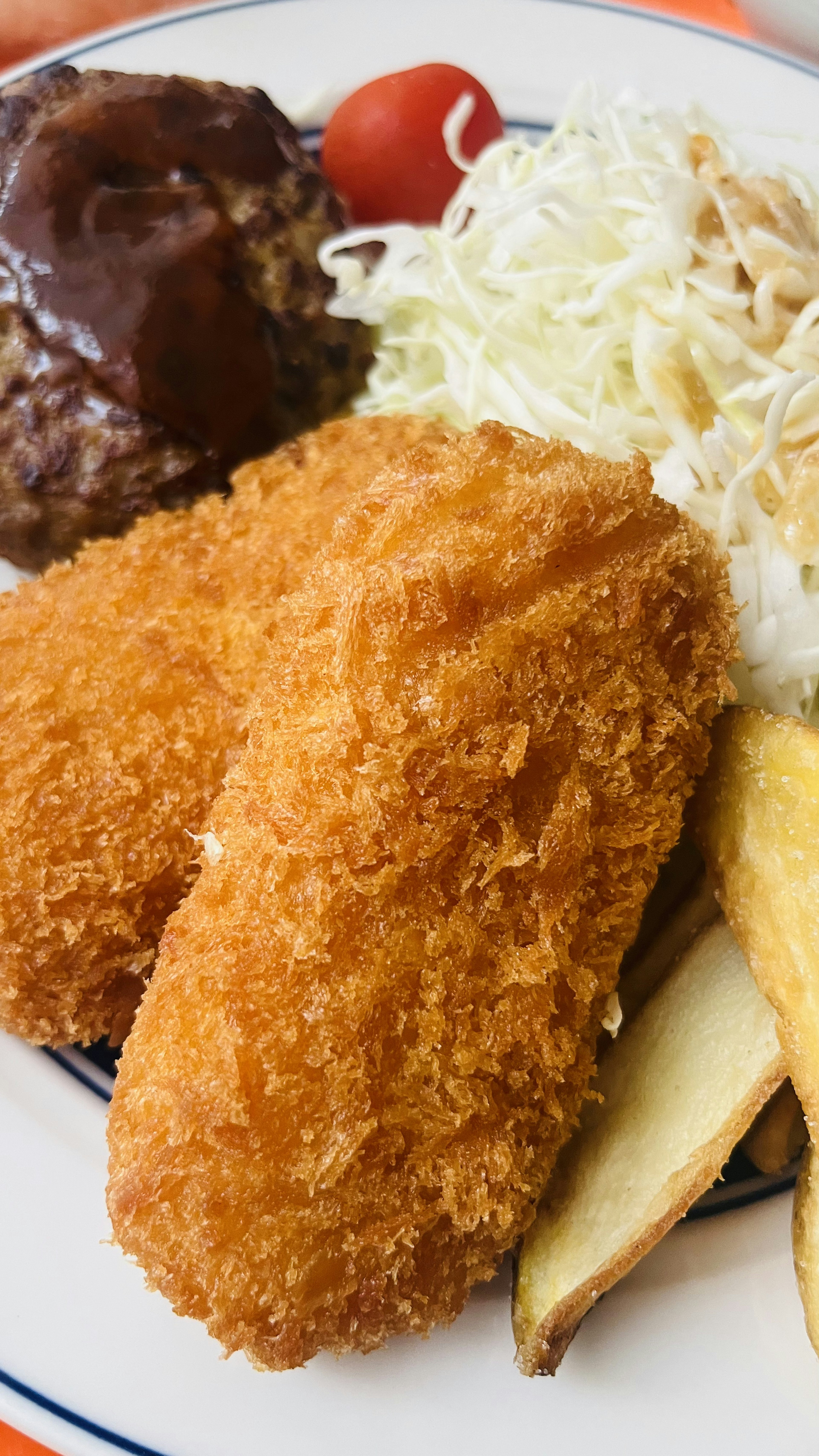 A plate of fried food featuring croquettes, meatballs, cabbage, and potato wedges