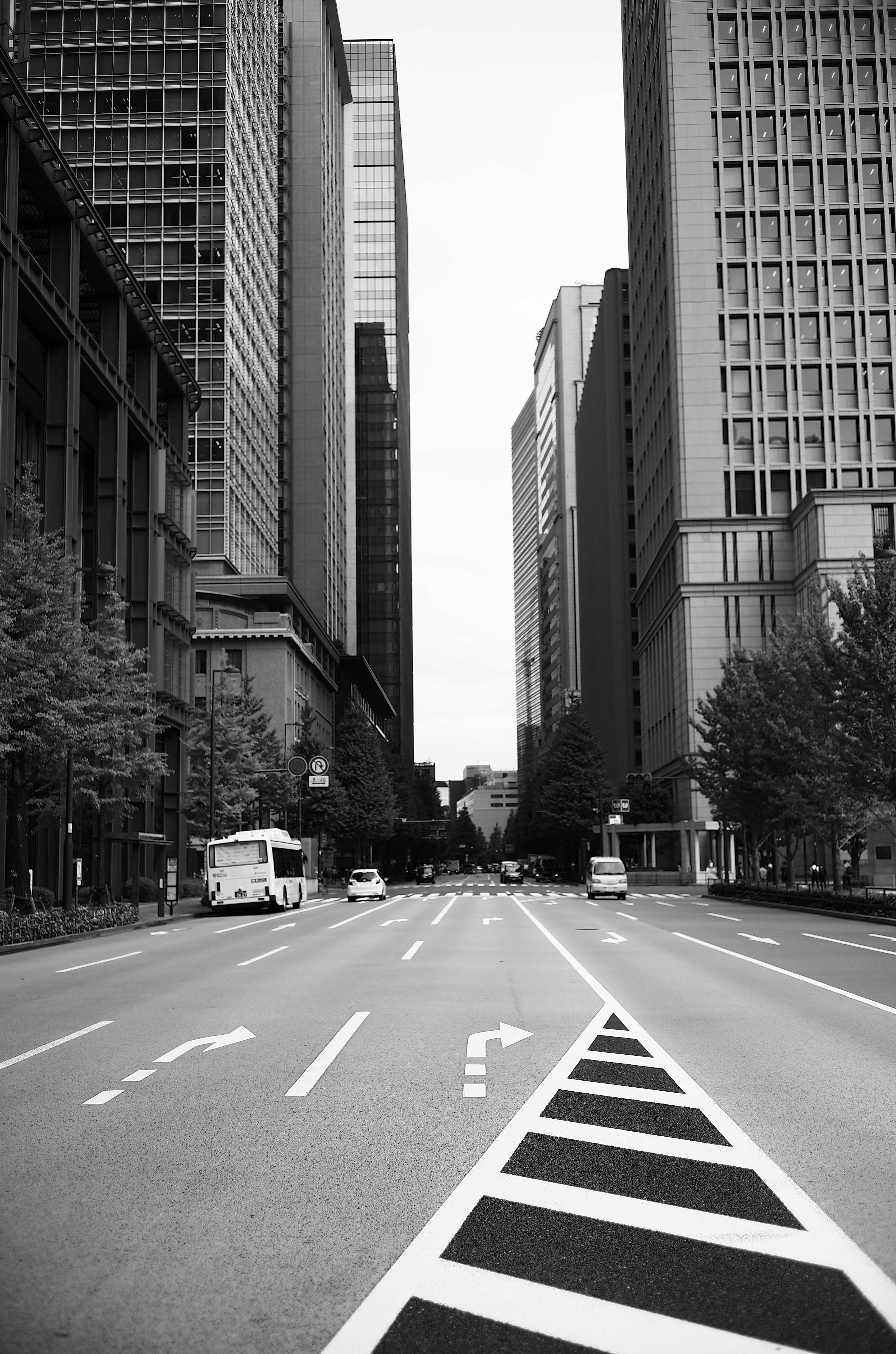 Jalan kota monokrom yang dikelilingi gedung tinggi