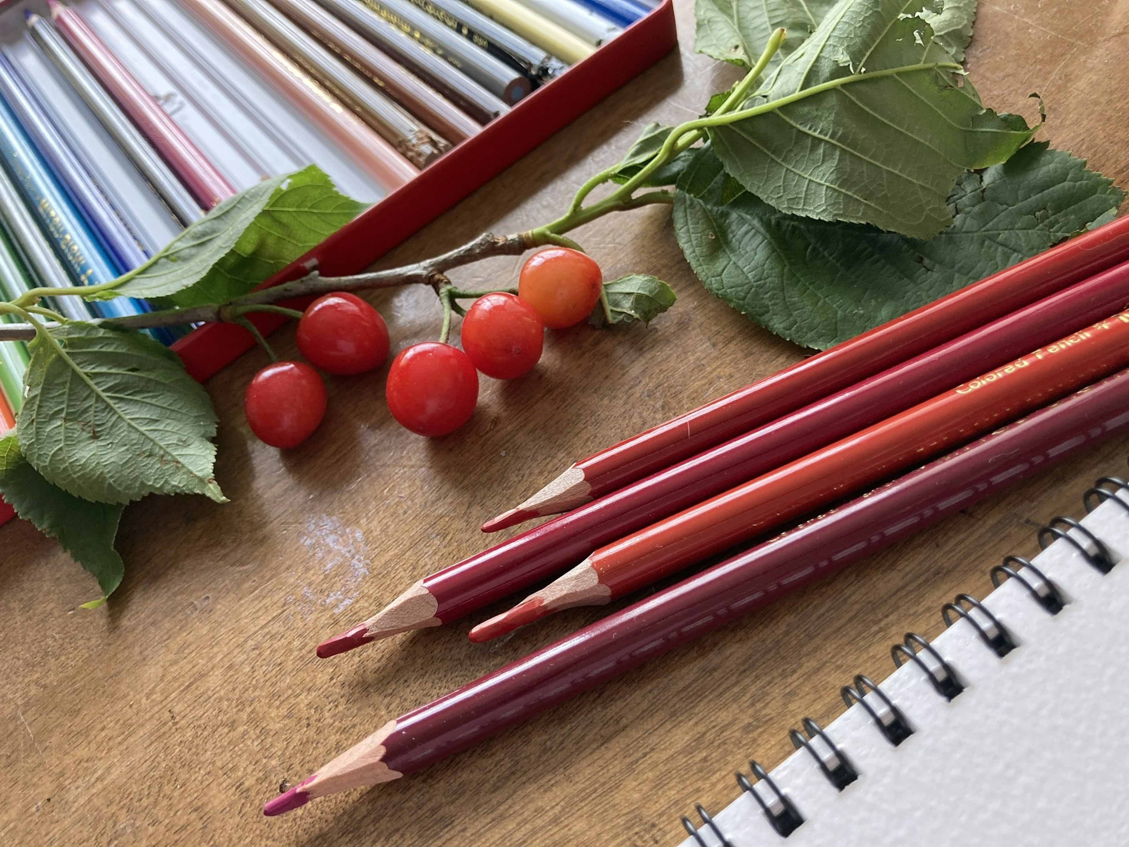 Lápices de colores con hojas y frutas rojas sobre una mesa de madera