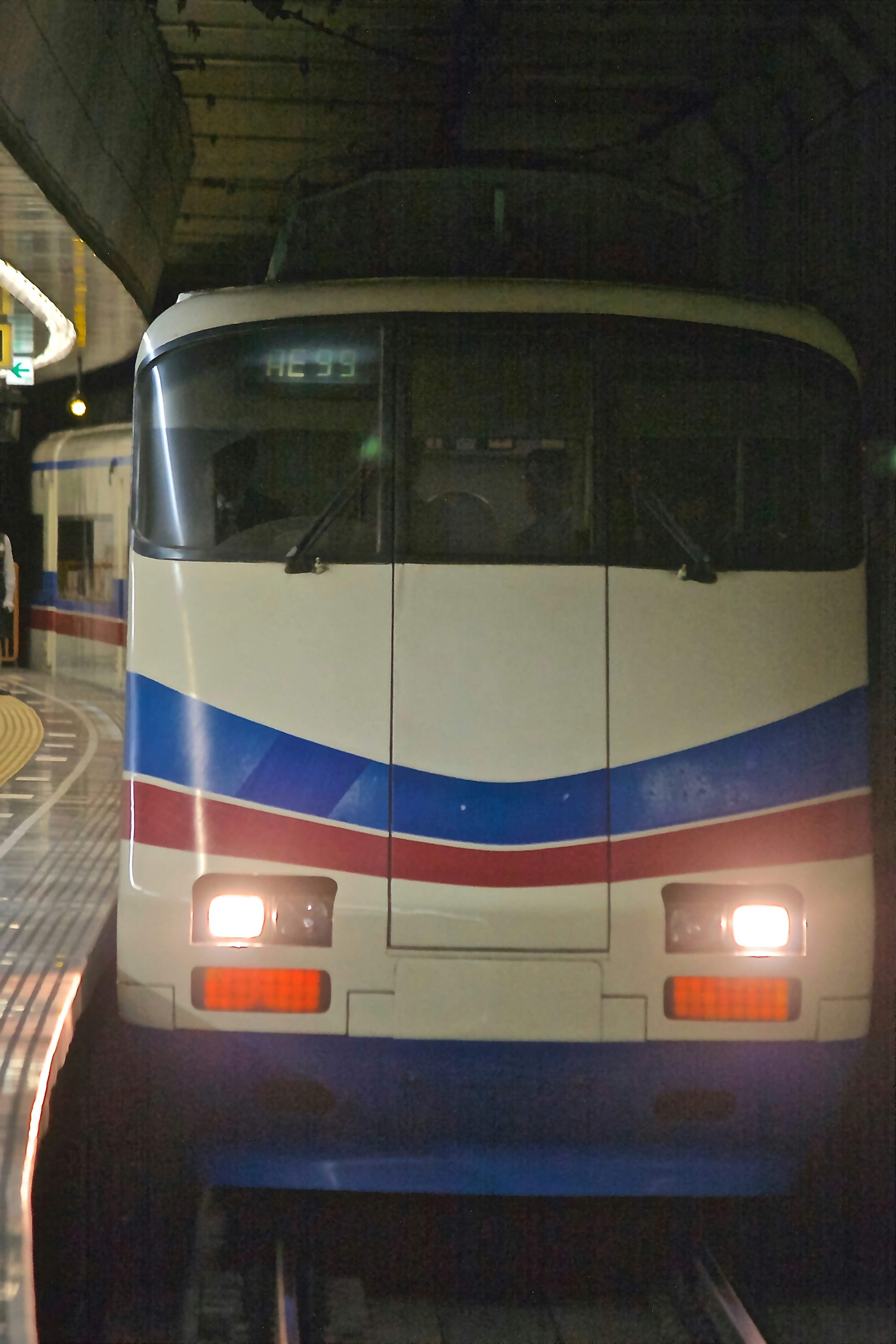 A white and blue train stopped in a subway tunnel